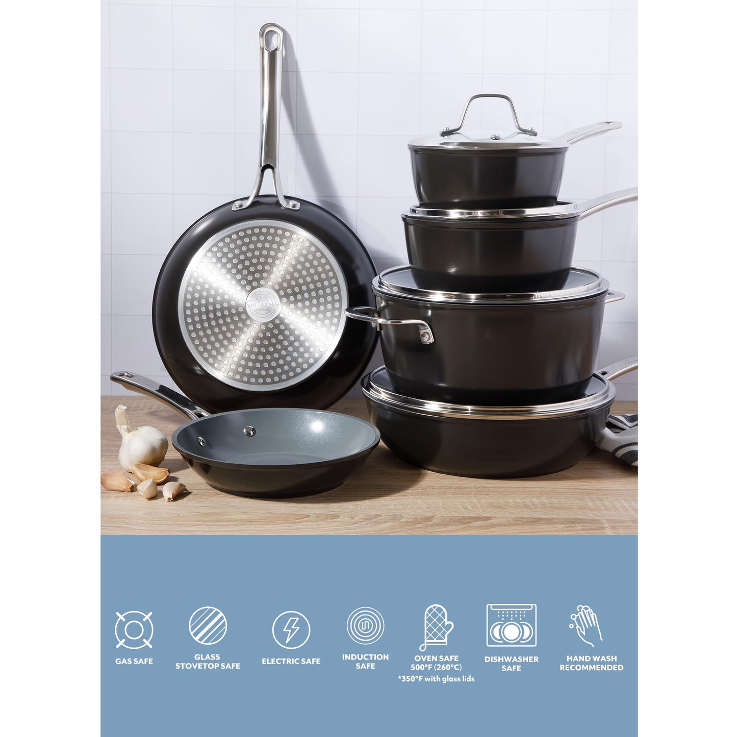 Sur La Table Kitchen Essentials Cool Commune Hard Anodized 10 Piece PFA Free Ceramic Non stick Interior Forged Durable Aluminum Pots and Pans Cookware Set - Black - Induction Compatible