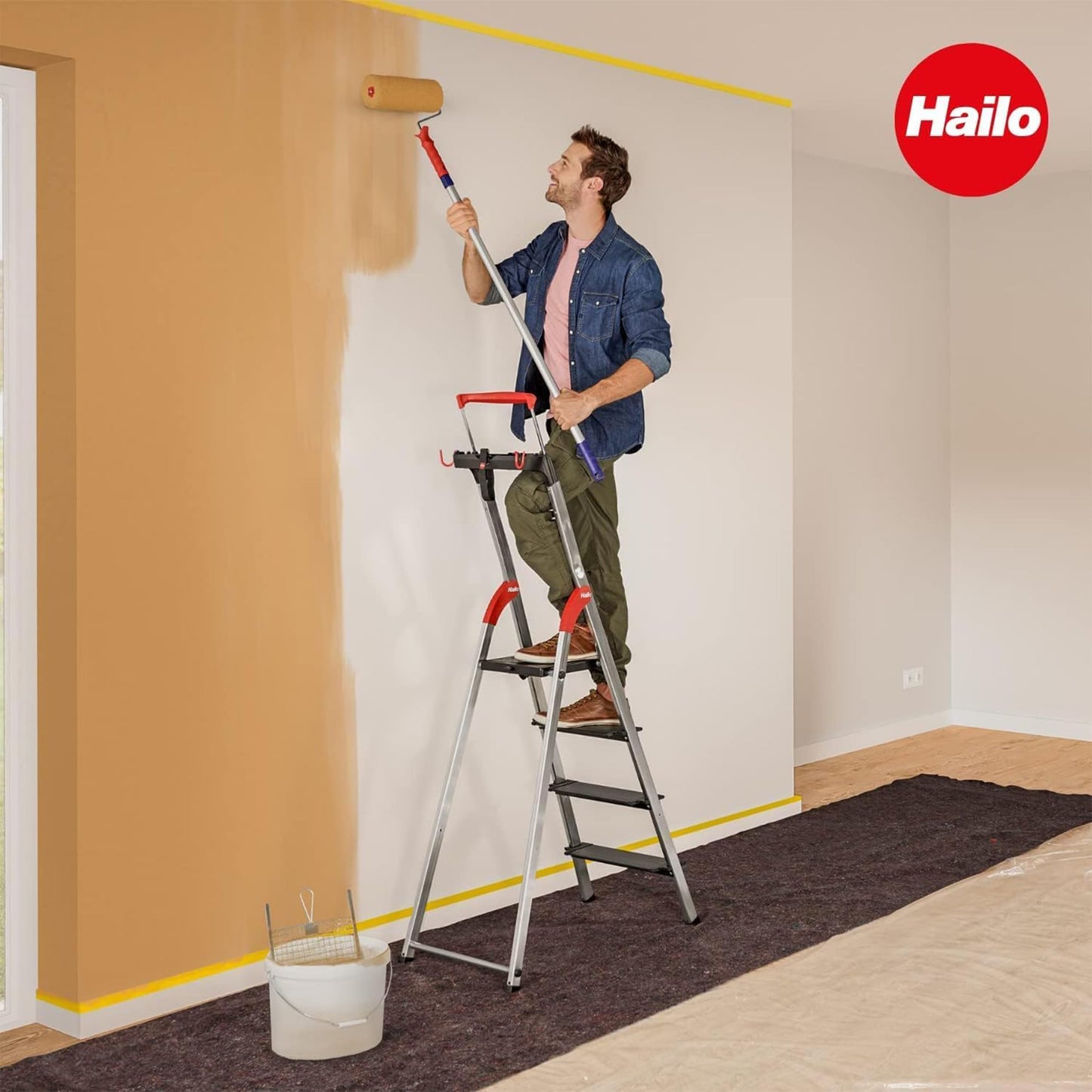 HAILO L100 Topline 8-Step Ladder – Aluminum Stepladder with Safety Bar, Tray, Locking Platform, XXL Non-Slip Steps, Hook, Strap, 330 lb Capacity, Max Working Height 146.5", EasyClix Compatible