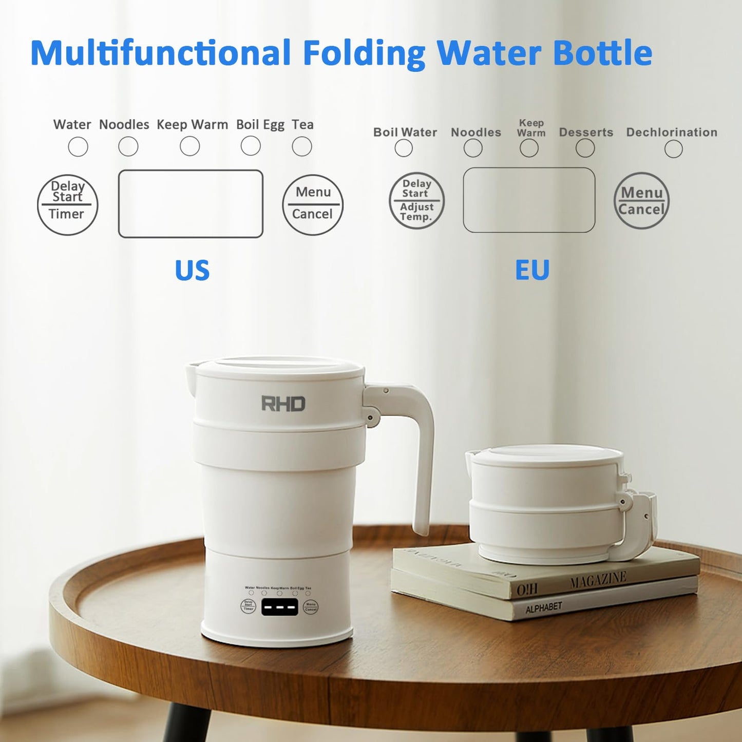 Travel Foldable Electric Kettle, 700ML Hot Water Kettle with Multifunctional Panel, Collapsible Small Boiling Water Kettle with Keep Warm & Delay Start, BPA-Free, 600W, 304 Stainless Steel, White
