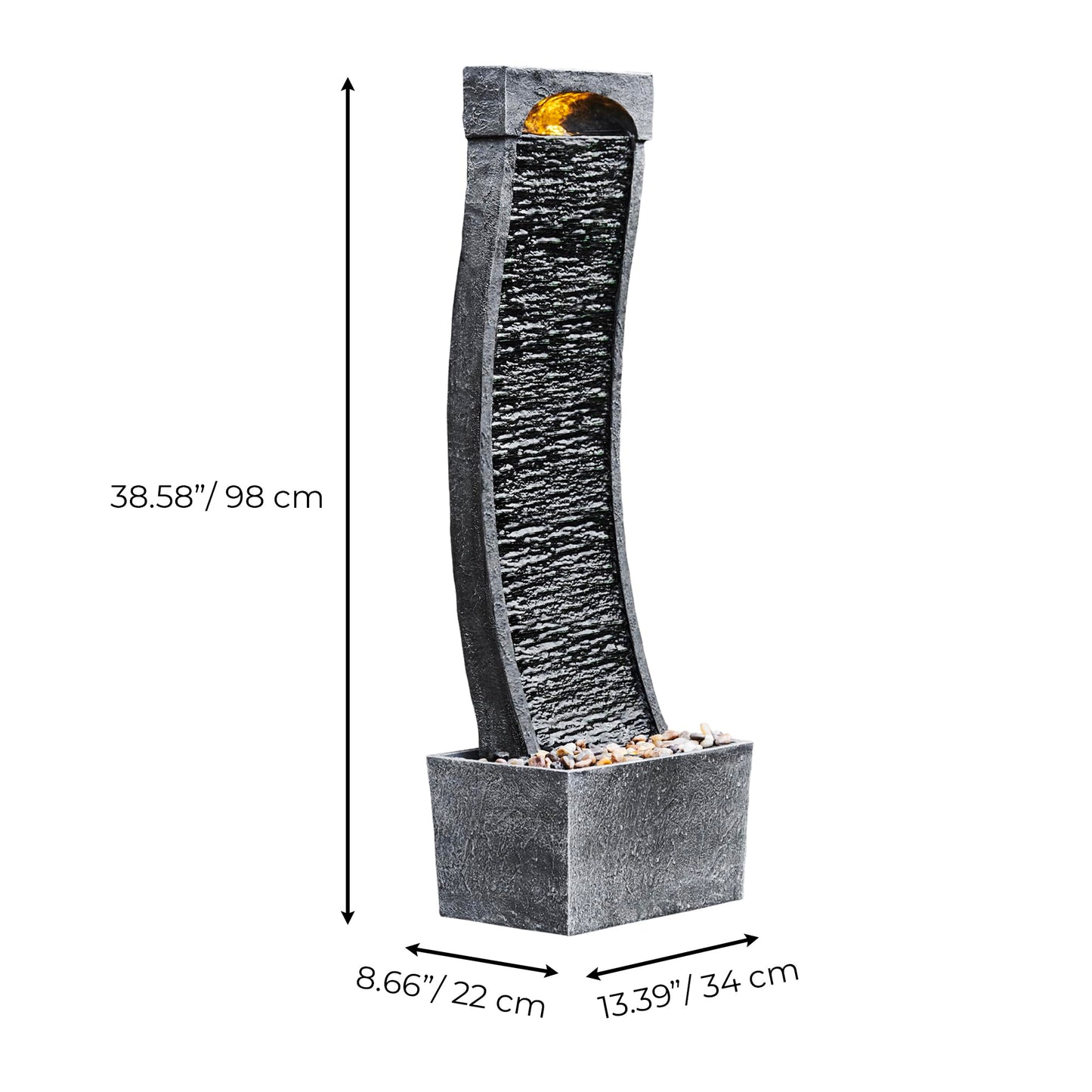 Teamson Home 38.58 in. Modern Curved Faux Slate Waterfall Fountain for Indoors or Outdoors with LED Light Accents and 1.98-Gallon Pump, Black and Stone Gray