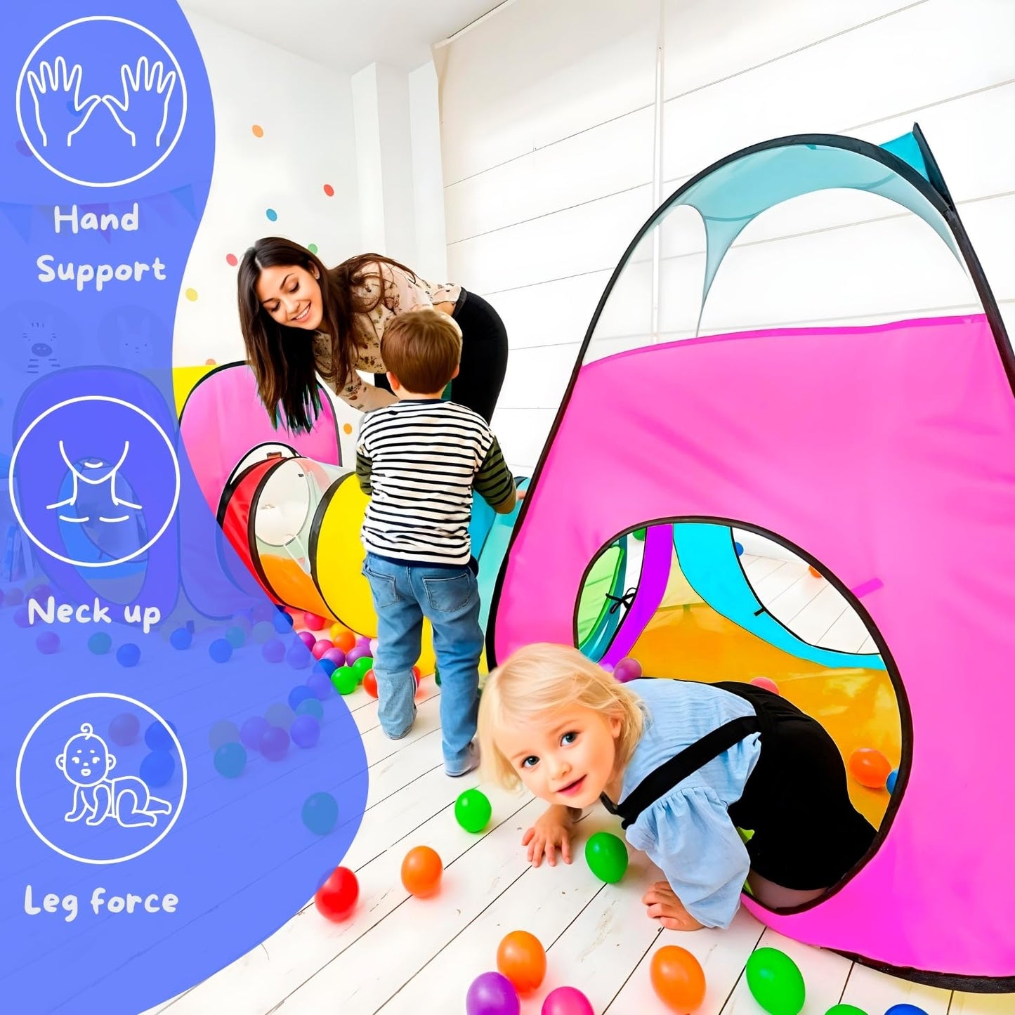 NUBUNI 4pc Pop Up Children Play Tent : 2 Crawl Tunnel + 2 Tents : Kids Tents for Boys, Girls, Babies & Toddlers for Indoor & Outdoor : Large Children Playhouse Ball Pit