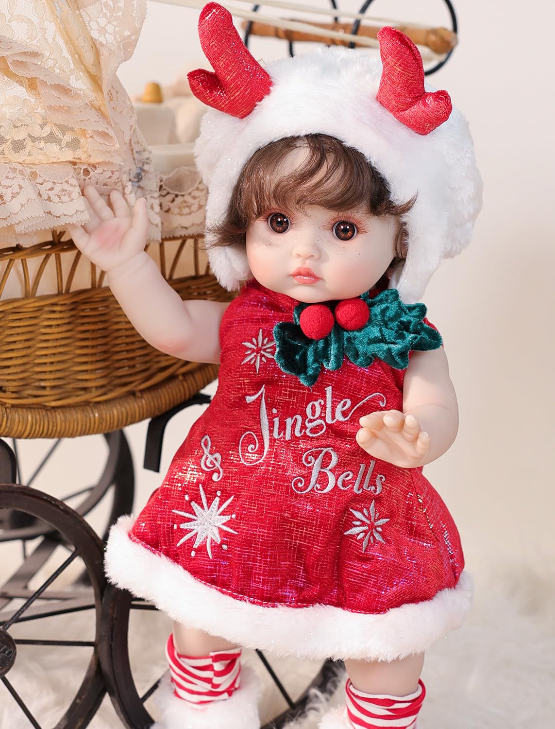 Cloveray Baby Dolls, 18 Inch Realistic Reborn Full Vinyl Baby Doll with Brown Curly Hair, Hand-Painted Freckles & Cozy Red Outfit for Girls Ages 3+, Pretend Play, Display & Collection