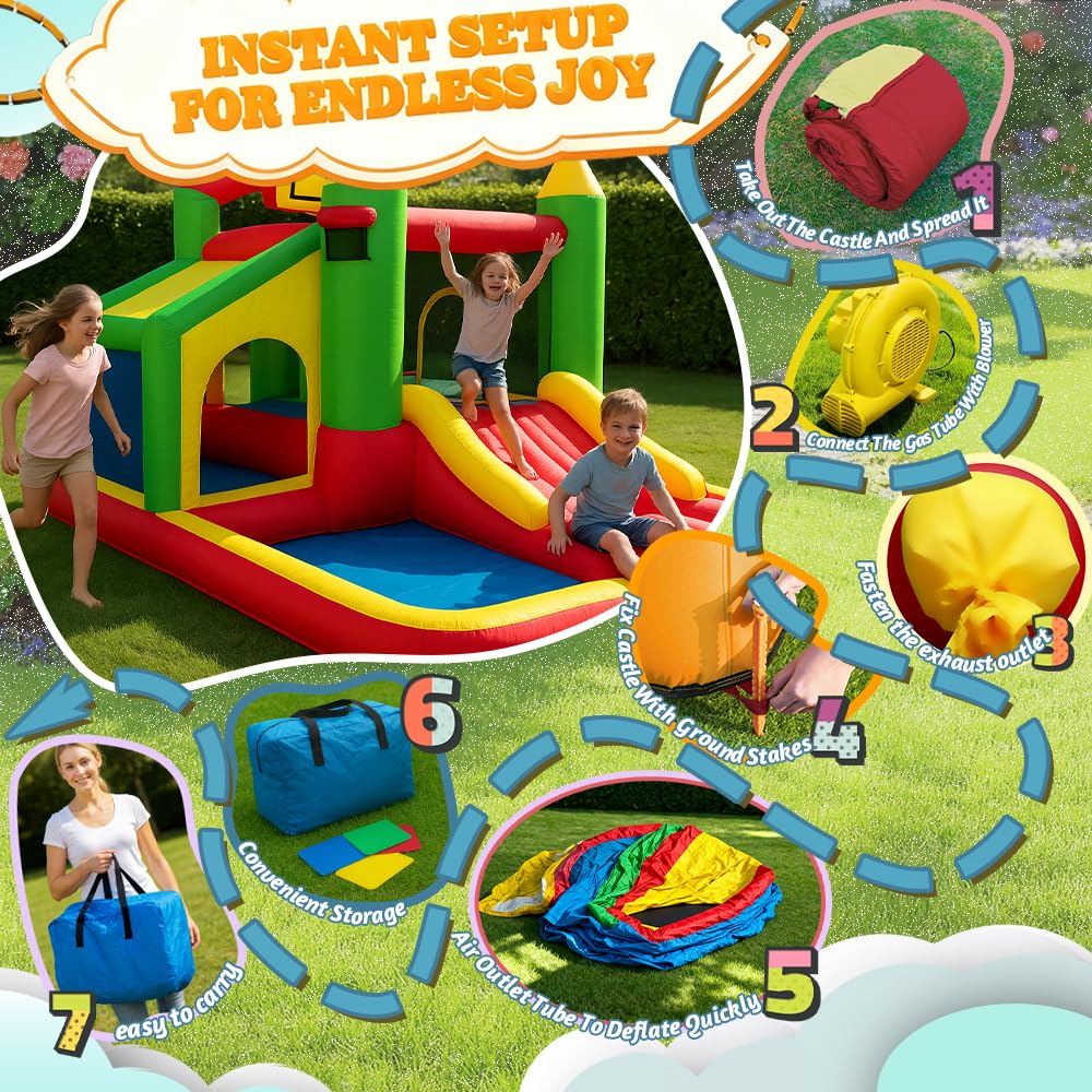 JumpYeah Inflatable Bounce House with Ball Pit,Toddler Toys Slide Trampoline Outdoor with Blower,Big Kids Bouncer Jumper Playhouse Indoor Bouncehouse,110x118x85 Inches