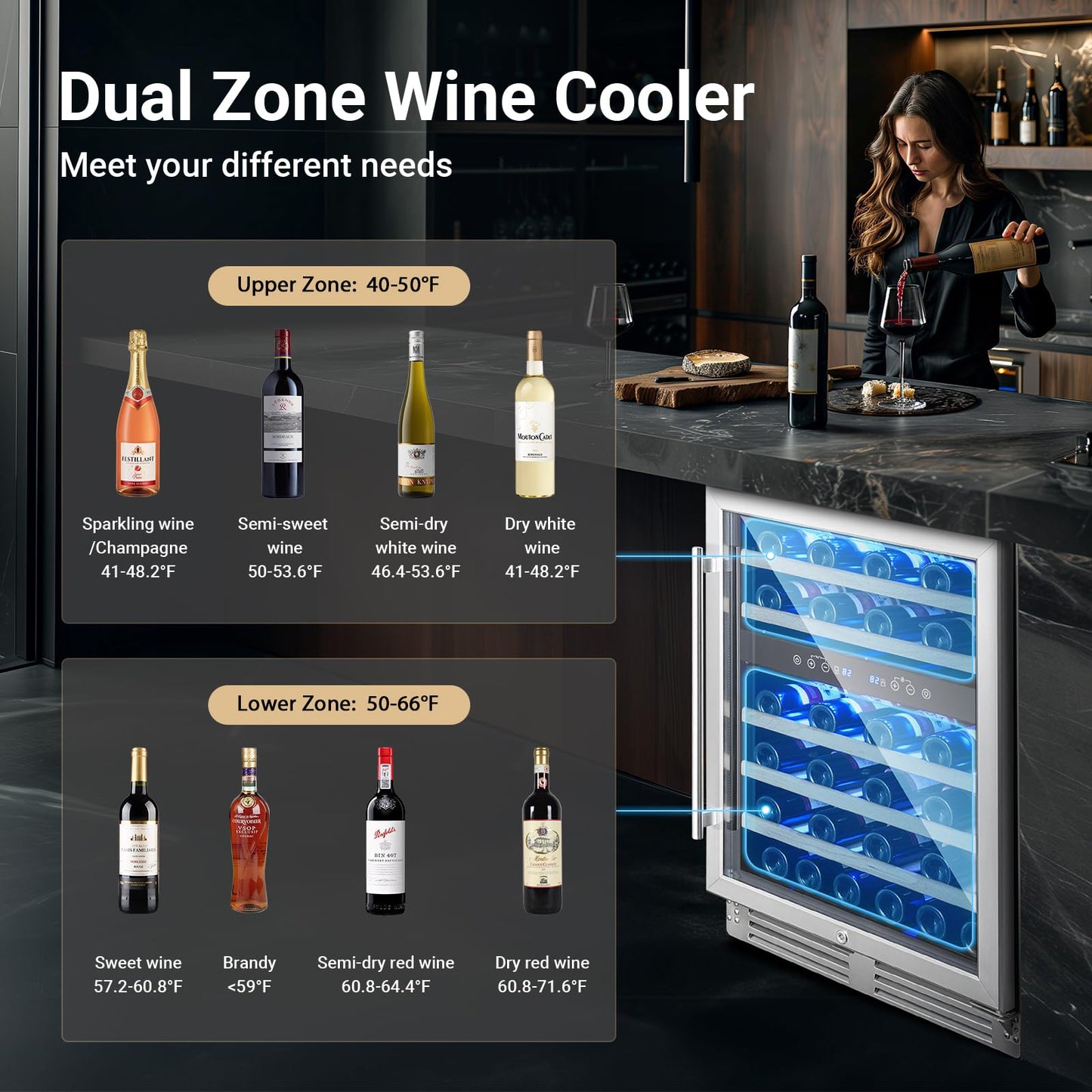 BODEGA 24 inch Wine Cooler, 46 Bottle, Under Counter Wine Cooler 24'' with Adjustable Shelves, Built-in Wine Refrigerators Free standing, Energy Efficient, Dual Zone Wine Fridge for Home Bar Office.