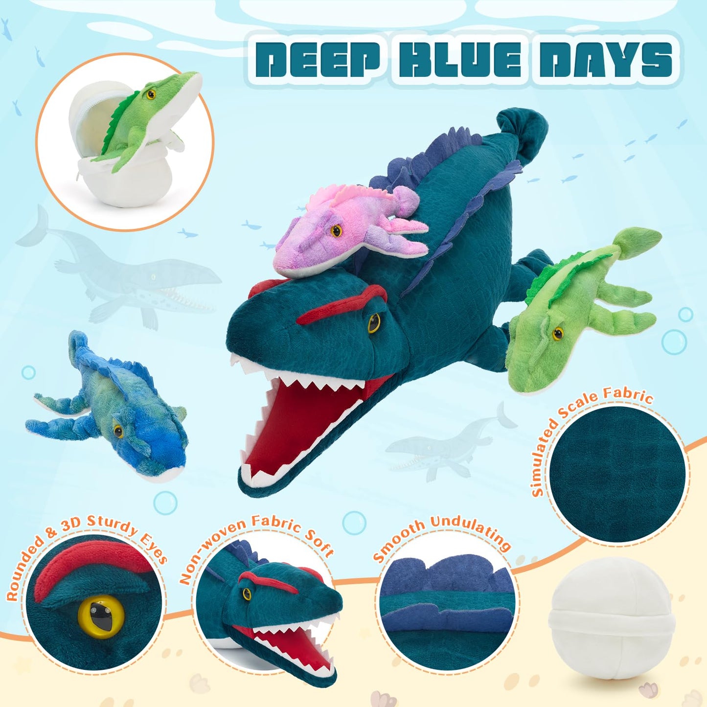 Karister Blue Dinosaur Stuffed Animal,Giant Dinosaur Plush Toy,Mommy Dino with Babies & Egg, Soft Mosasaur Plushie,Realistic Dinos Stuffy,Gifts for Kids Boys Girls Easter Christmas Birthday