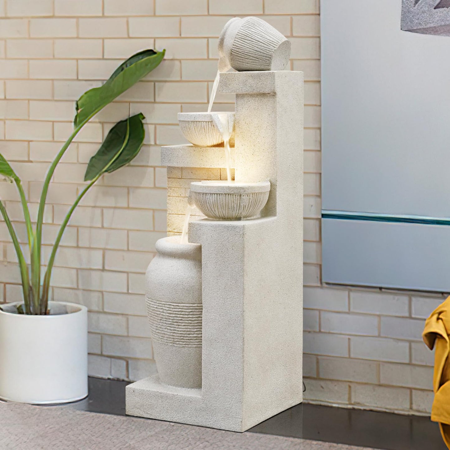 42.52" Outdoor Garden Water Fountain with Lights 4 Tiers Cascading Large Waterfall Floor Standing Fountain for Patio, Backyard, Deck, Porch and Home Art Decor