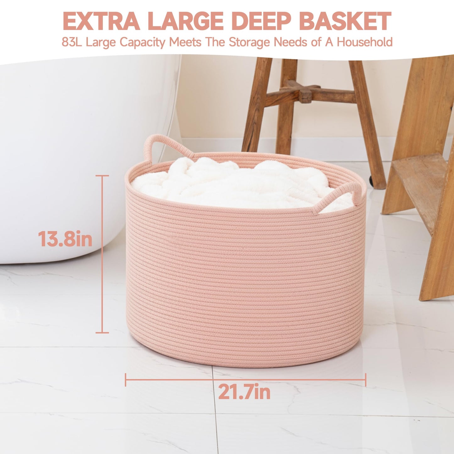 CLHMILY&Z Round Cotton Rope Storage Basket in Living Room, Bedroom, Laundry Room for Toy, Clothes, Blanket, Pillow (Pink, XLarge(14.2"x22"))