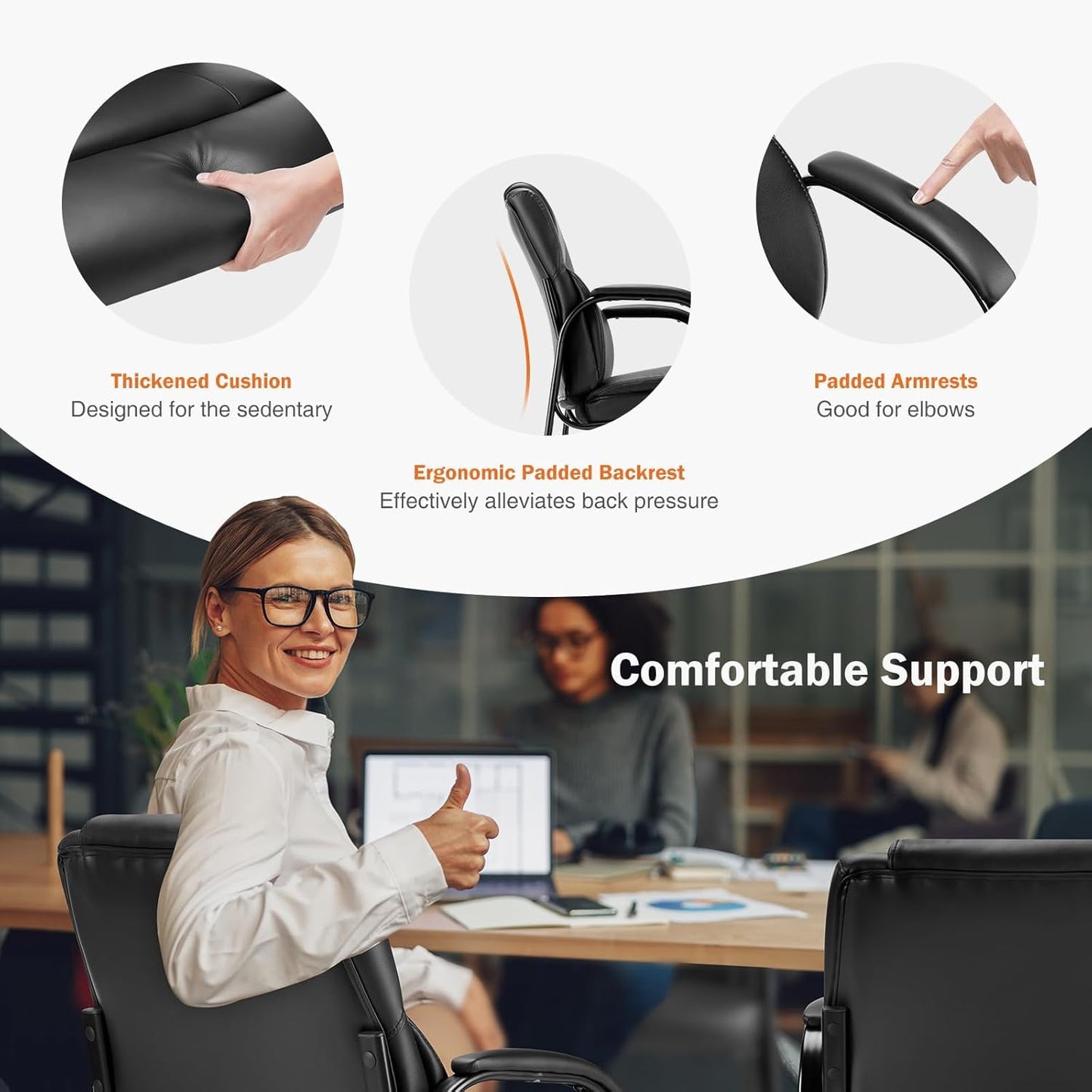 Sweetcrispy Waiting Room Guest Chair Set of 6, Leather Stationary Office Reception Chairs No Wheel, Comfy Padded Arms and Seld Base, for Conference Room Lobby Home Desk Bedroom Elderly, Black