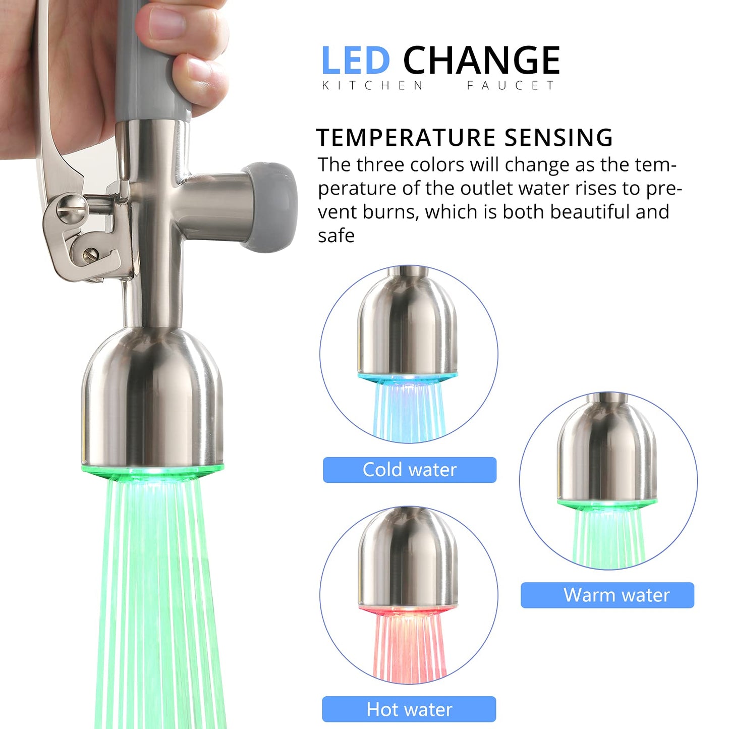 Fapully Commercial Single Handle Pull Down Sprayer Brushed Nickel Kitchen Faucet, Kitchen Sink Faucet with LED Light