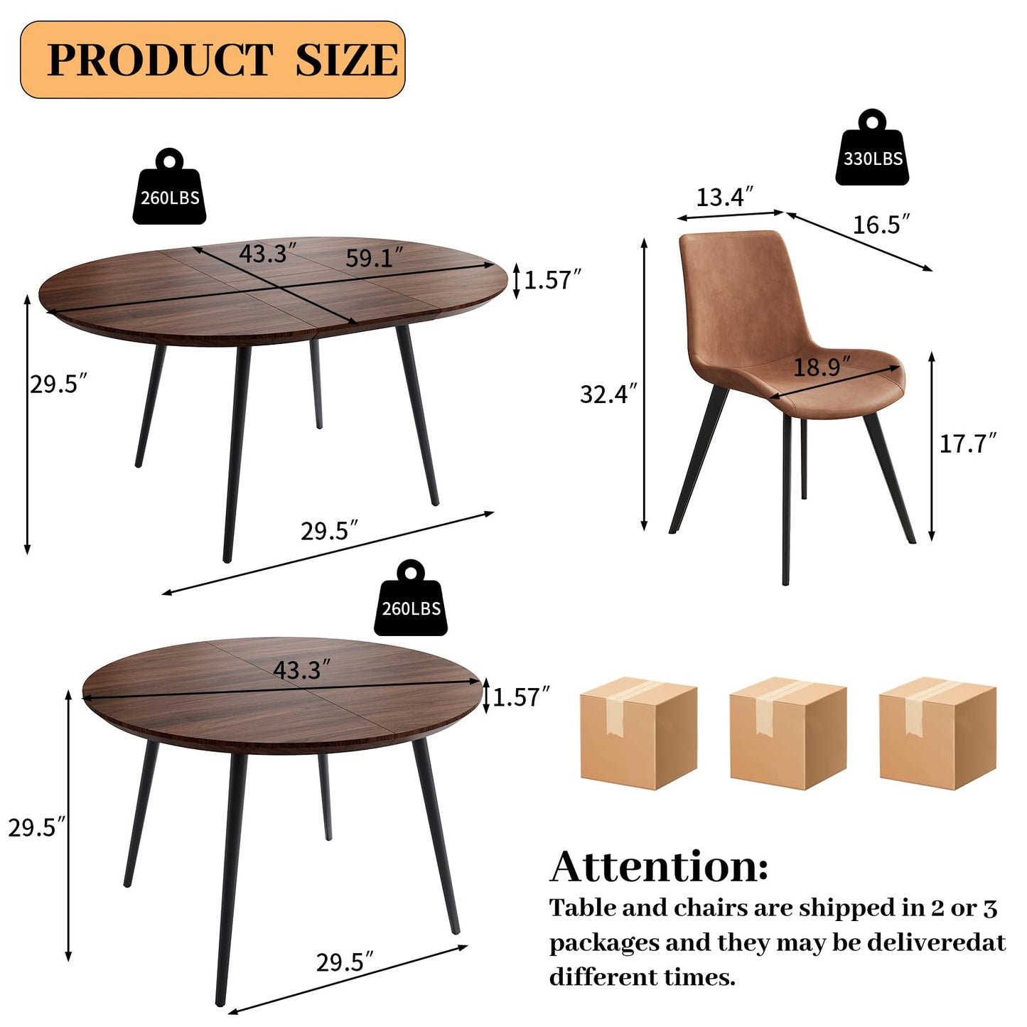 HIPIHOM 43.3"-59.1" Extendable Round Dining Table Set for 6, Mid Century Modern Wooden Round Table, Leisure Coffee Table,w/ 6 PU Leather Chairs