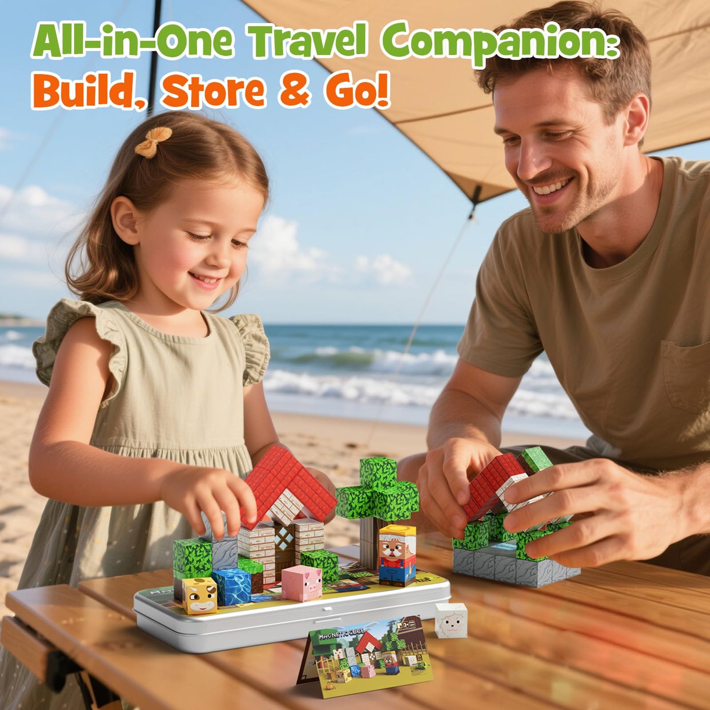 hunloot Mini Magnetic Blocks Farm Animals Travel Toys, 35PCS Portable STEM Magnetic Building Cubes with Metal Storage Box for Kids Ages 4-8, Road Trip & Airplane Essentials
