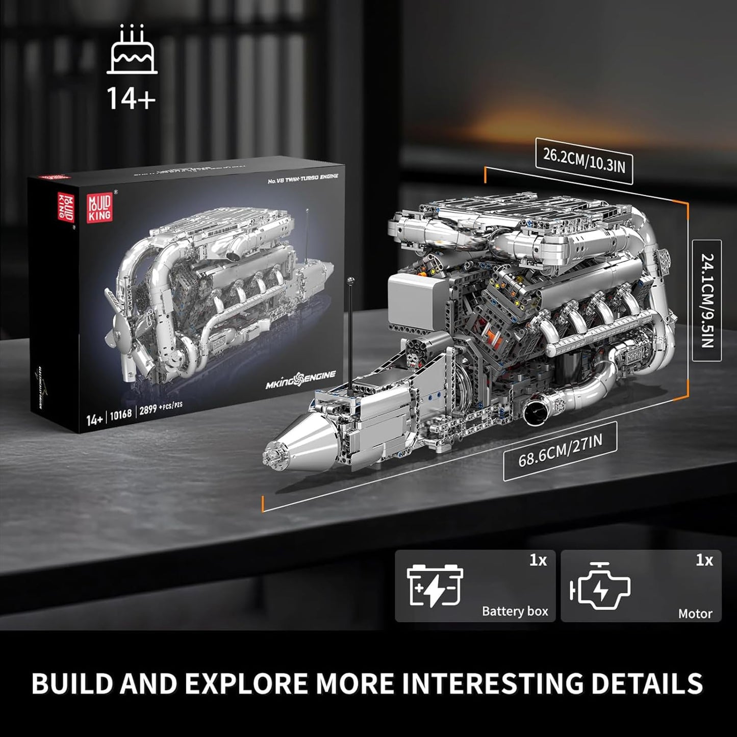 Mould King V8 Twin-Turbo Engine Model Kit That Runs, Mini Engines Building Blocks Set for Adults with Battery and Motor, Engineering Construction STEM Toy for Teens(2899 PCS)