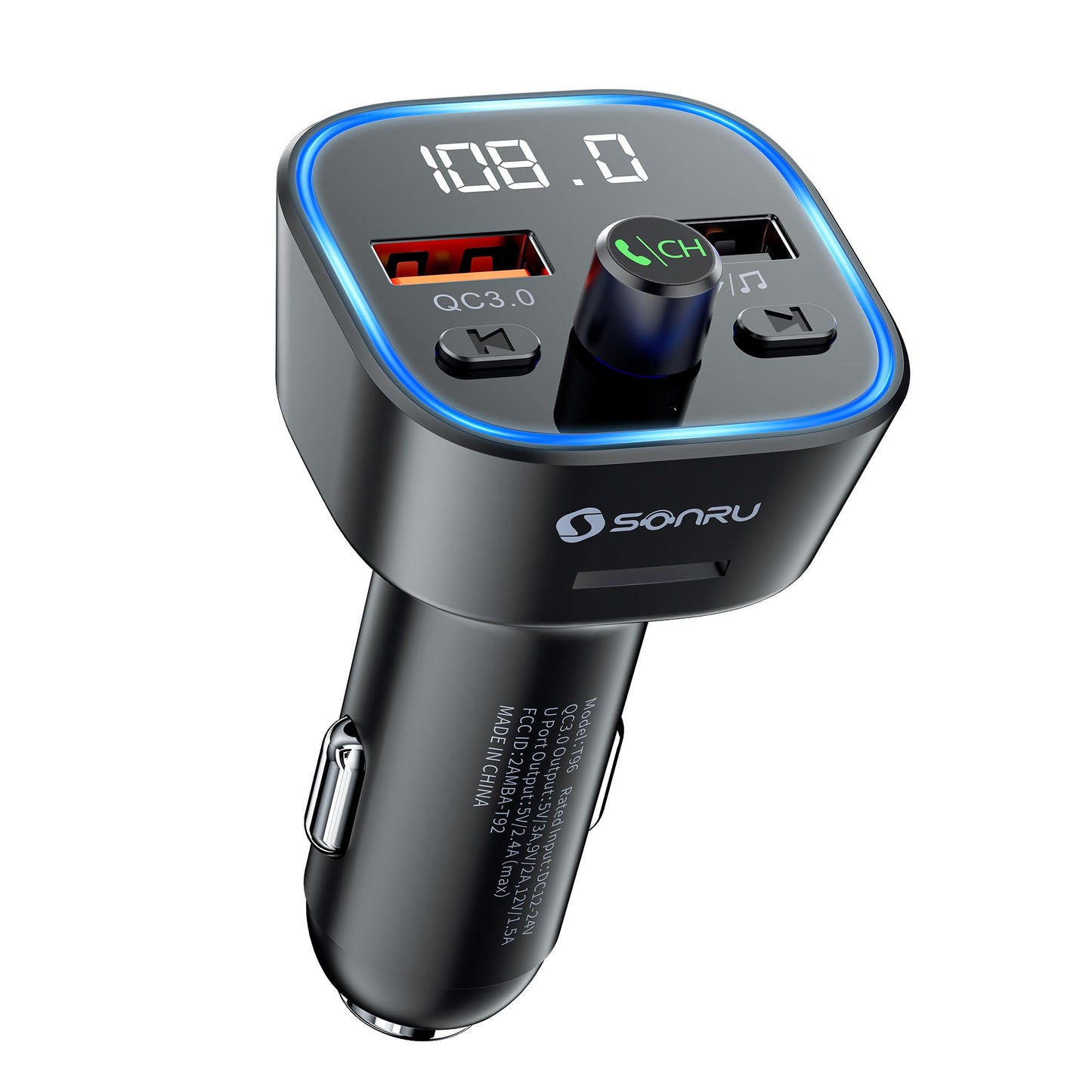 SONRU Bluetooth 5.3 FM Transmitter, Wireless Radio Adapter Car Kit, Audio Receiver Car Charger, Wireless FM Radio Transmitter, Hands-Free Calling and 2 USB Ports Charger, HiFi Treble & Bass Player
