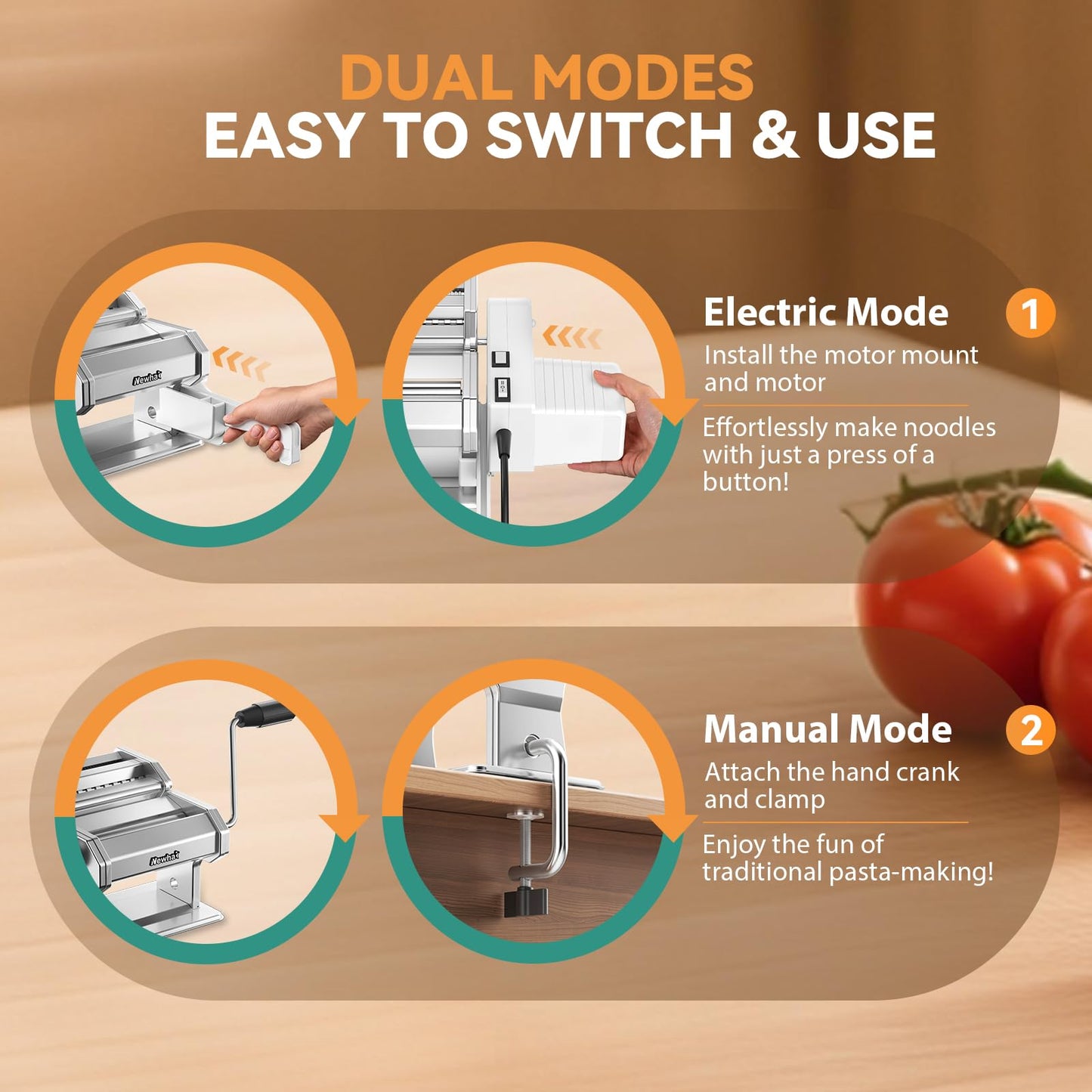 Newhai Electric Pasta Maker QM-1 Ramen Noodle Machine Adjustable Thickness (0.2-0.5mm) Pasta Roller & Cutter 1.5mm Spaghetti 6mm Wide Noodle Manual & Motorized for Home Kitchen Use