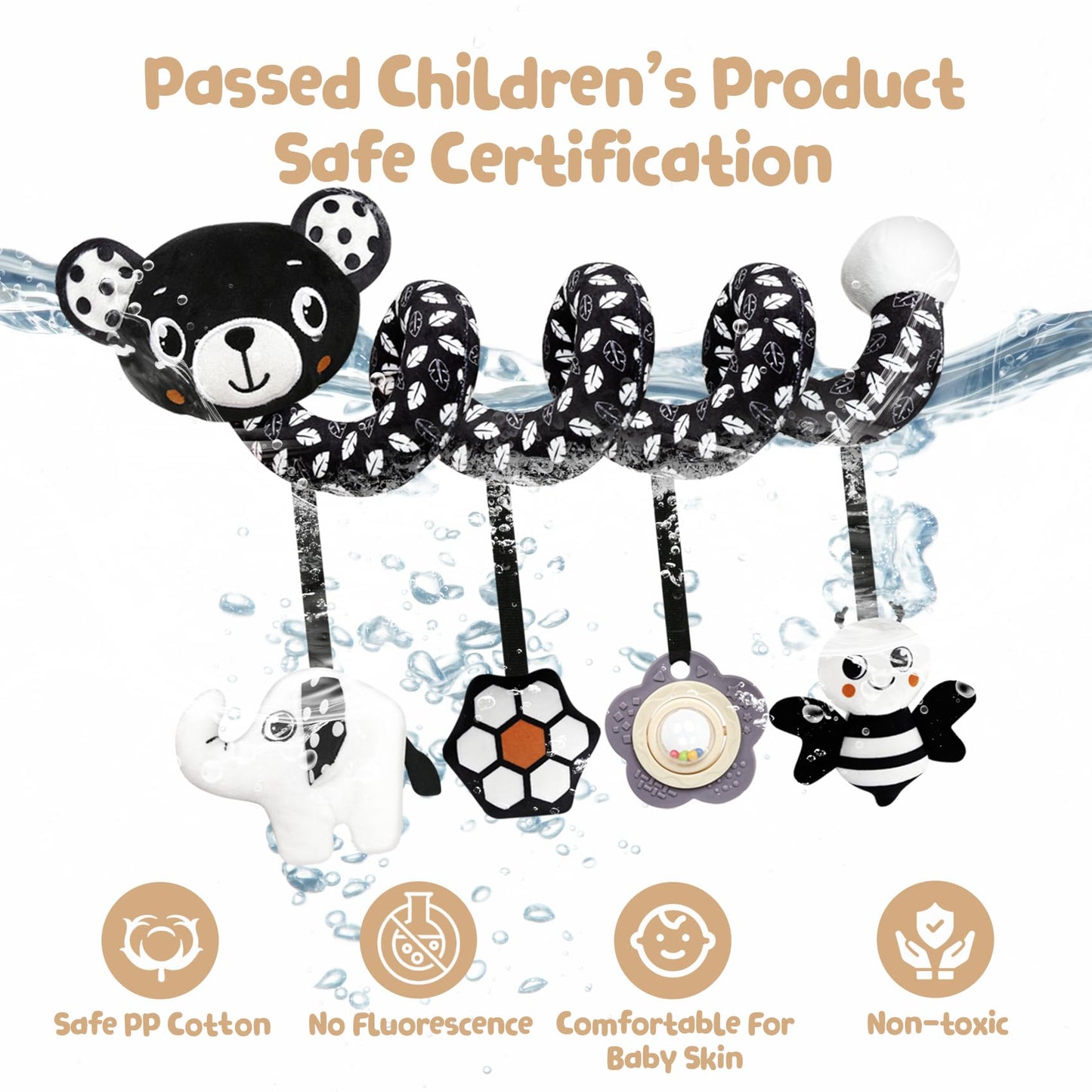 TSYAN Car Seat Toys for Babies 0-6 Months,Hanging Rattle Toys for Crib Mobile, Baby Spiral Hanging Stroller Black and White High Contrast Toys for Newborn 0 3 6 9 12 Months Baby Boys Girls (Bear)