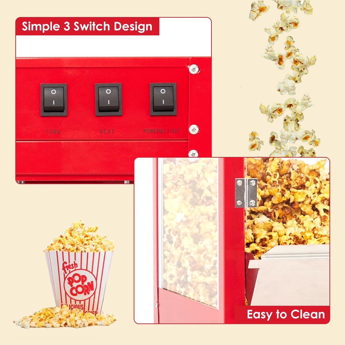 Takywep Commercial Popcorn Machine, Popcorn Maker with Cart and 10 Oz Kettle Makes Up to 64 Cups, 3-Switch Control, Theater Style Popcorn Poppers