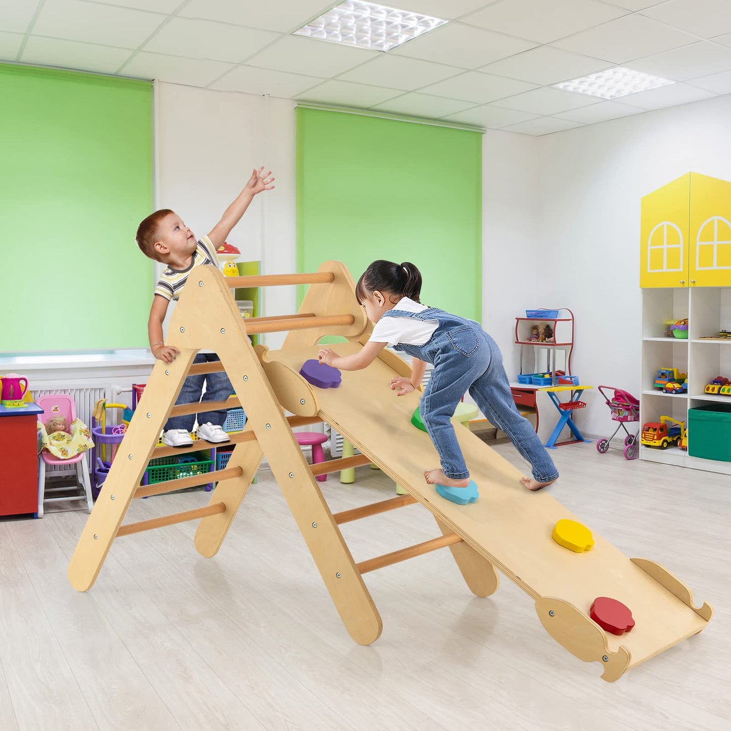 OLAKIDS Pikler Triangle Set 3 in 1 Climbing Toys for Toddlers Wood Montessori Baby Jungle Gym with Ramp Ladder Slide Kids Indoor Playground Activity Play Structure