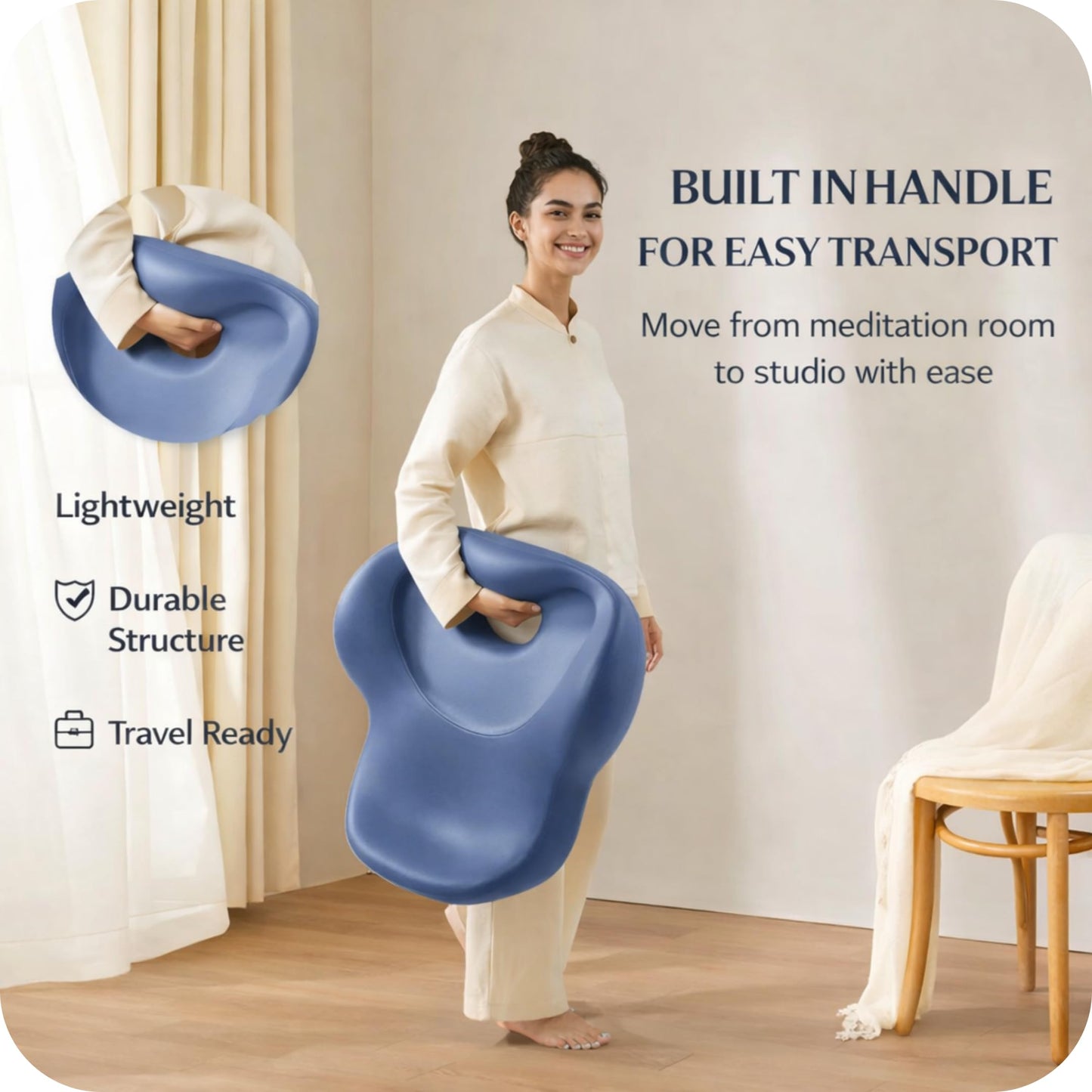 Ergonomic Zen Mind Meditation Cushion, Memory Foam, Portable Design with Handle, Pressure Dispersing Support for Meditation, Mindfulness & Posture Alignment (Blue, Large)