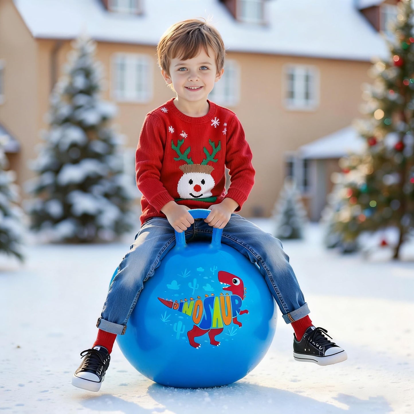 ZOOJOY Hopper Ball for Kids,18Inch Bouncy Ball with Handle - Blue Dinosaur Toys for 3-8 Years Old Boys Girls with Pump, Inflatable Toddler Bouncer Gifts for Indoor Outdoor Active Play