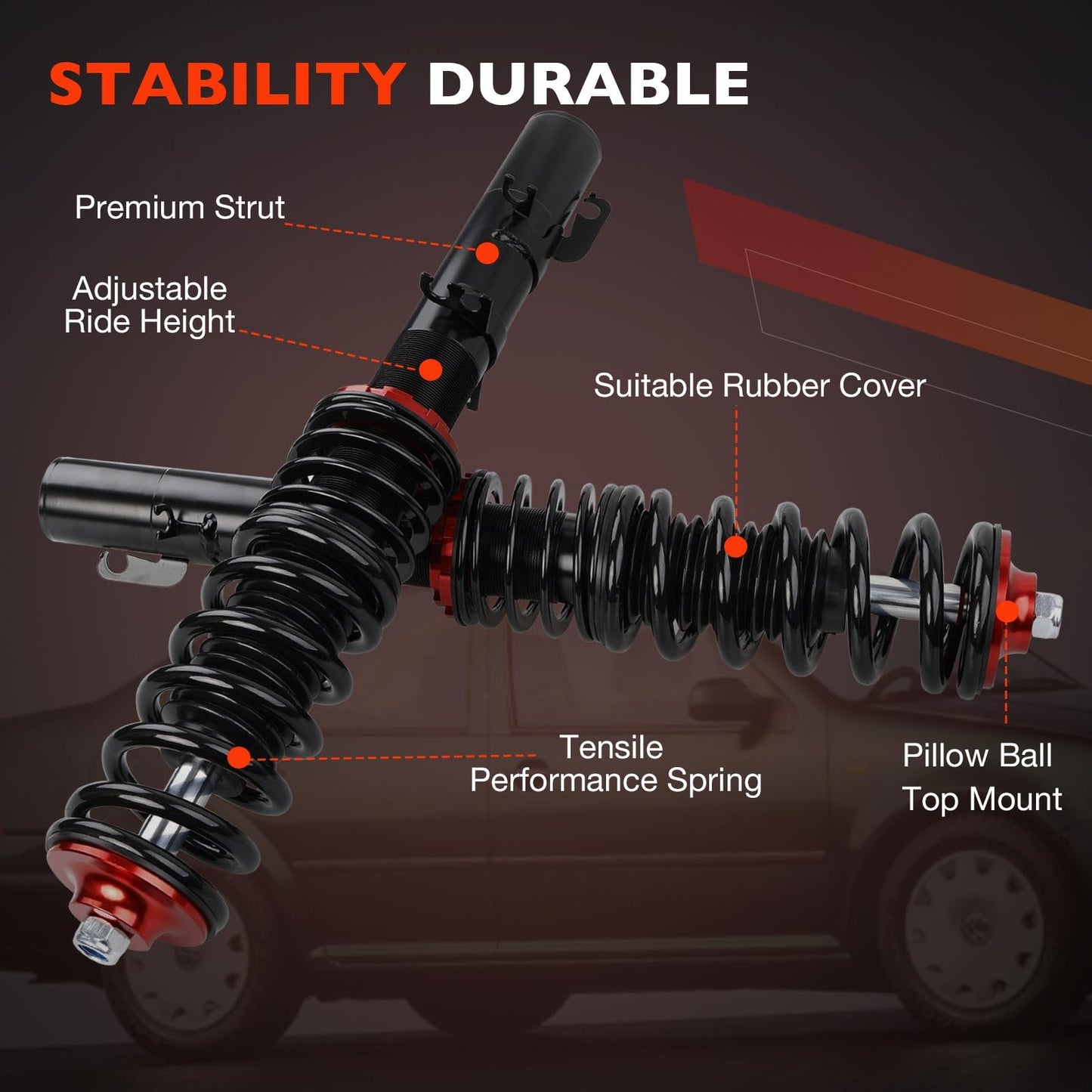Front & Rear Coilover Suspension Kit, Height Adjustable Shocks & Struts Replacement for 1998-2005 Volkswagen Golf Mk4 Coilover 2WD Only A4 – Complete Coilovers Assembly(Red)