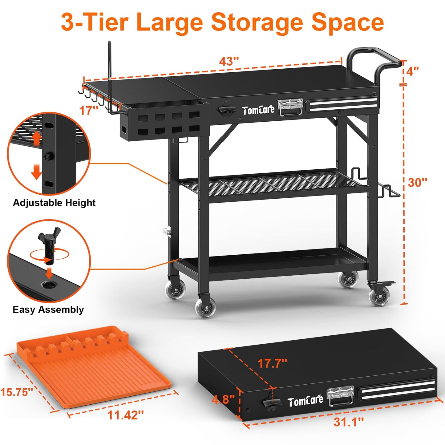 TomCare Grill Table with 3-Tier Storage Shelves Lockable Wheels Grill Cart with Silicone Grill Mat Heavy Duty Outdoor Tabletop Griddle Stand Holds 500Lbs Fits 22” Blackstone Ninja Cuisinart BBQ Grill