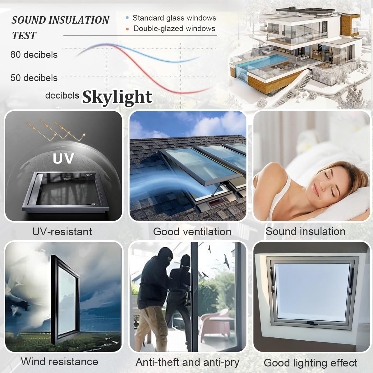 Skylight Roof Window for Home, Ventilated Roof Skylight for Flat Roof with Double Tempered Glass & Aluminum Alloy Frame, Skylights for Attic, Kitchen, Bathroom, Corridor, Bedroom, Sunroom (23.6in)