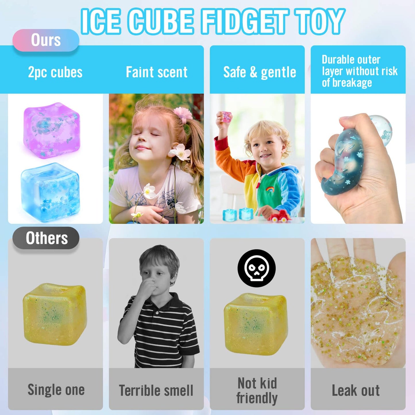 Gretex Fidget Toy for All Ages: 2 Pack Soft Sensory Fidget Ice Cube Stress Ball Squishy Cube Stress Relief Toys for Kids, Teens and Adults Party Favors, Birthday Gift for Kids Age 3+, Blue Purple