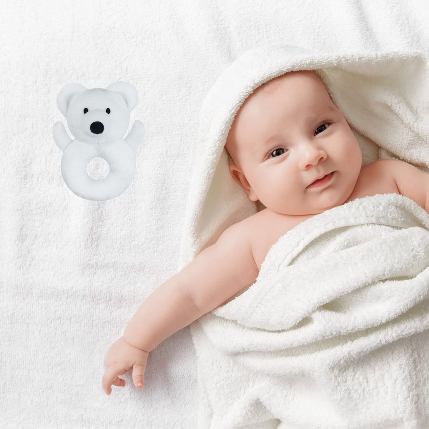 Doindute Baby Polar Bear Soft Rattle Toy, Polar Bear Plush Infant Shaker Rattle Easy-Grasp Stuffed Animal Toy, Gifts for Newborns Babies Toddlers Boys Girls, White, 5 Inches