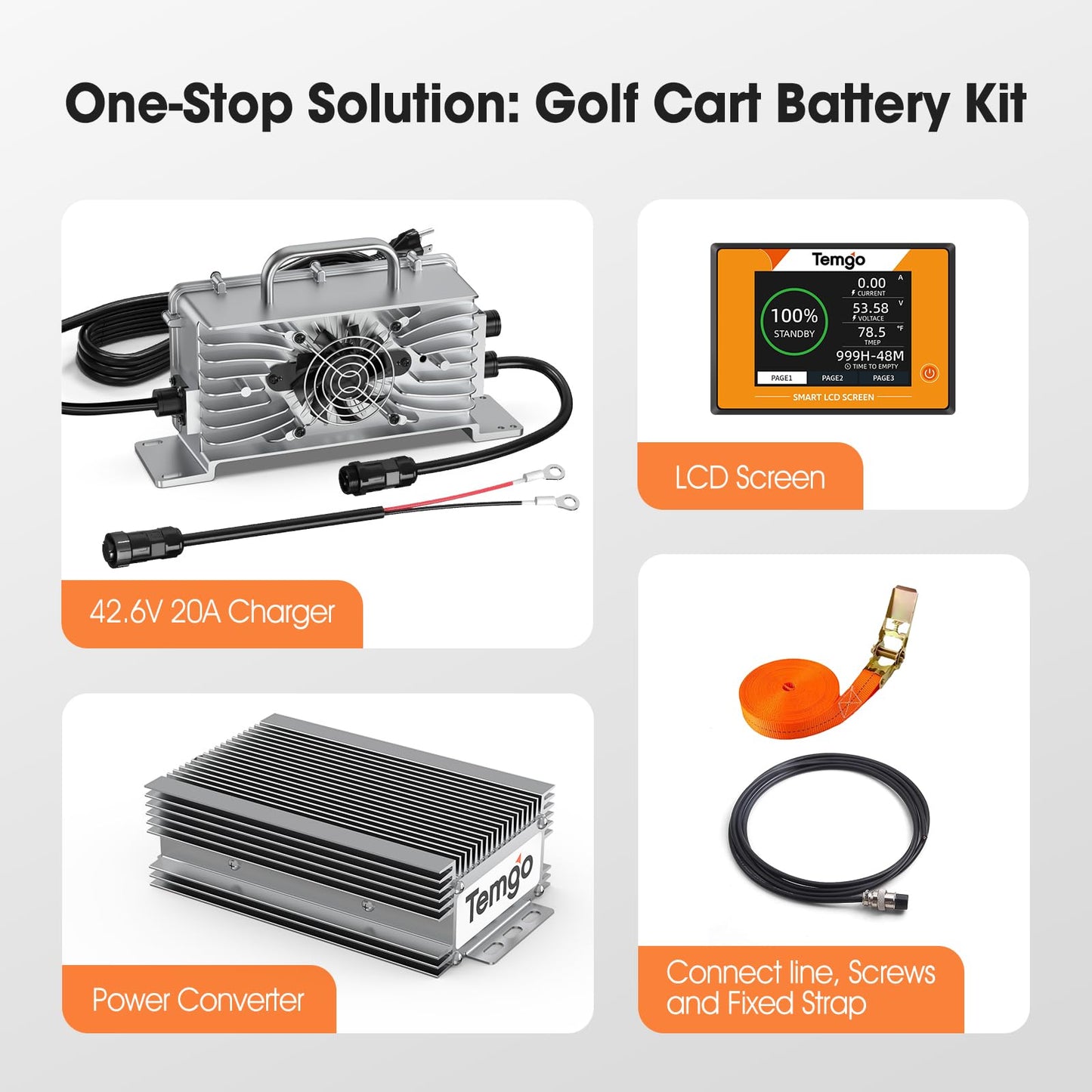 36V (38.4V) 100Ah LiFePO4 Lithium Golf Cart Battery, Built-in 200A BMS, Complete Upgrade Kit with Charger, LCD Display, Voltage Converter, Retention Strap & App, 5000+ Cycles