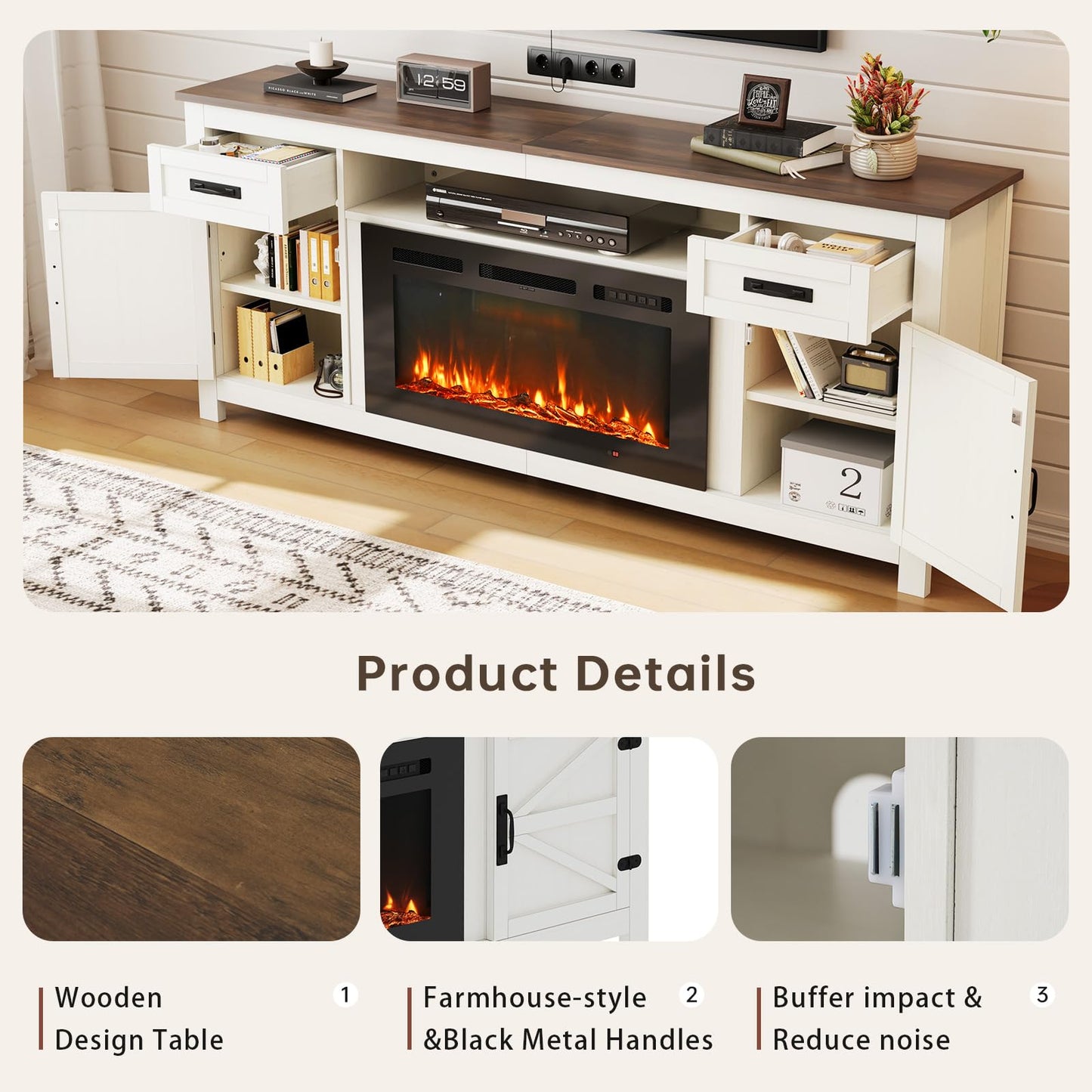 Nordivale Fireplace TV Stand with Barn Door for TVs up to 90", Farmhouse 80" Fireplace Entertainment Center with Storage Cabinets, White TV Stand and Black Fireplace