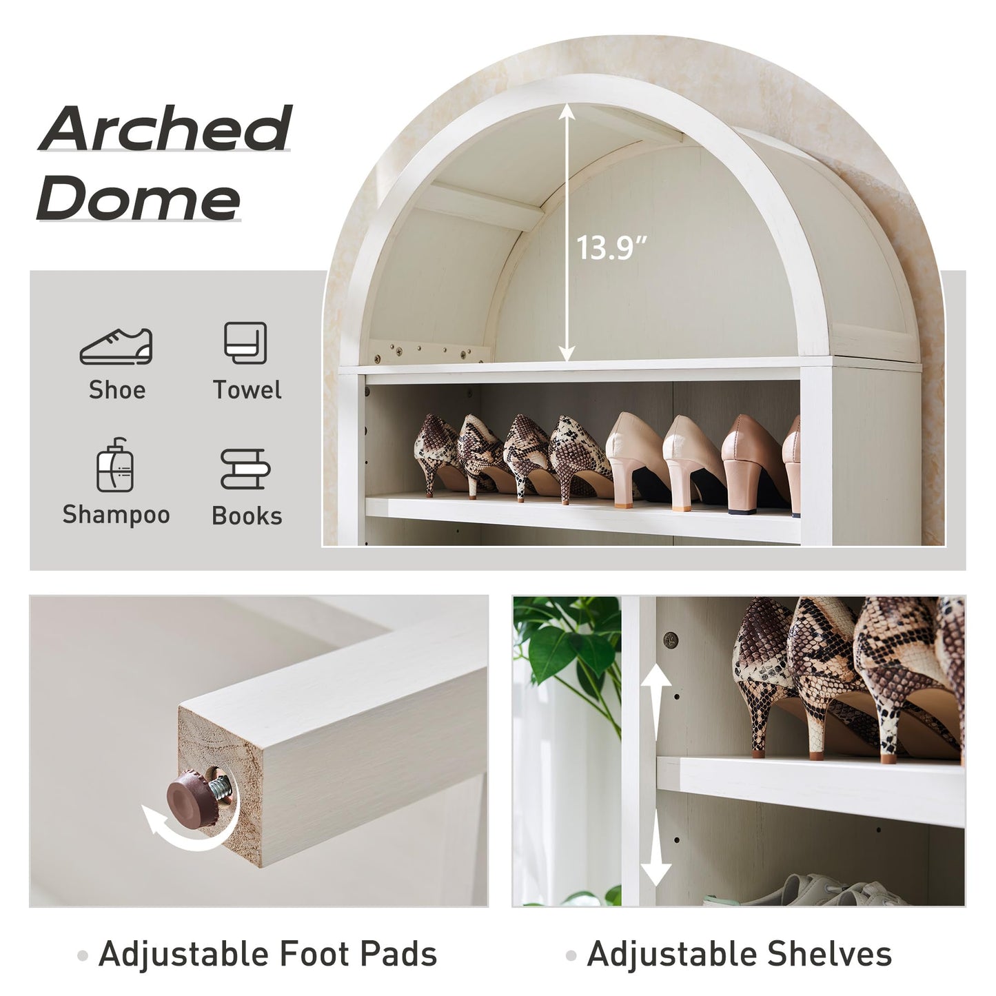 IFGET 71" Tall Arched Bookshelf, 7 Tiers Arch Bookcase with Storage, Modern Farmhouse Book Shelf with Adjustable Shelves, Wood Bookshelf w/Open Display Shelves for Living Room, Office (Antique White)