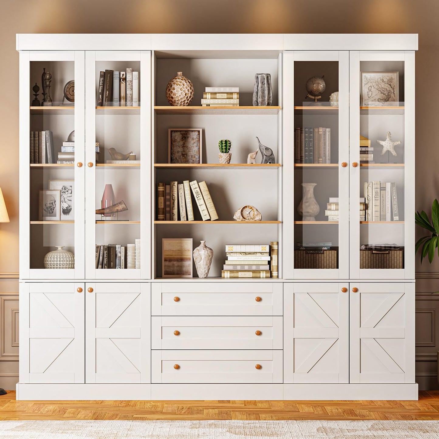 Vyre 71" Tall Farmhouse Kitchen Pantry, Large Storage Cabinets with Glass Doors, Freestanding Wood Hutch Cabinet with 3 Drawers, Adjustable Shelves for Living Room, Dining Room, Set of 3
