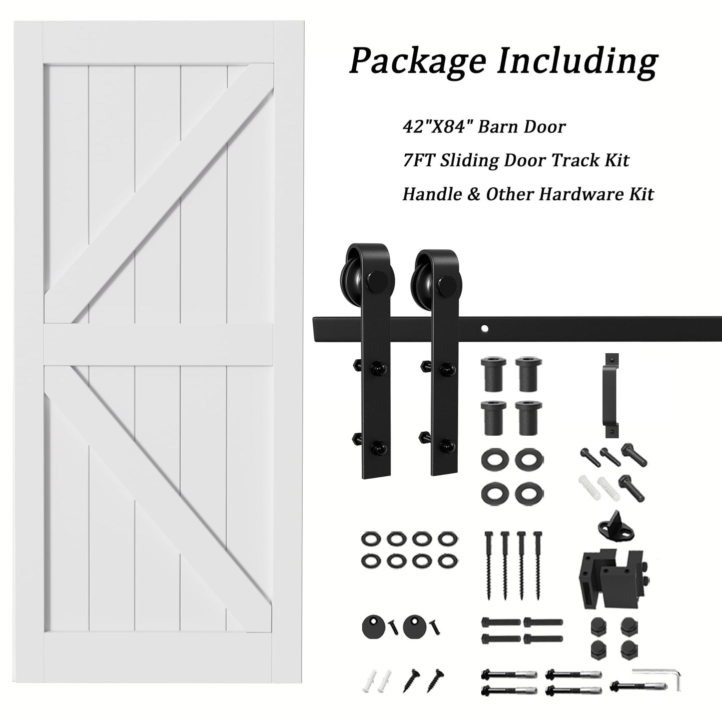 JUJUBON 42in x 84in Sliding Barn Door with 7FT Barn Doors Hardware Track Kit Included, Heavy Solid Water-Resistant Anti-Scratch MDF Wood Barn Door, Simple DIY Assembly, Easy to Install, K-Frame, White
