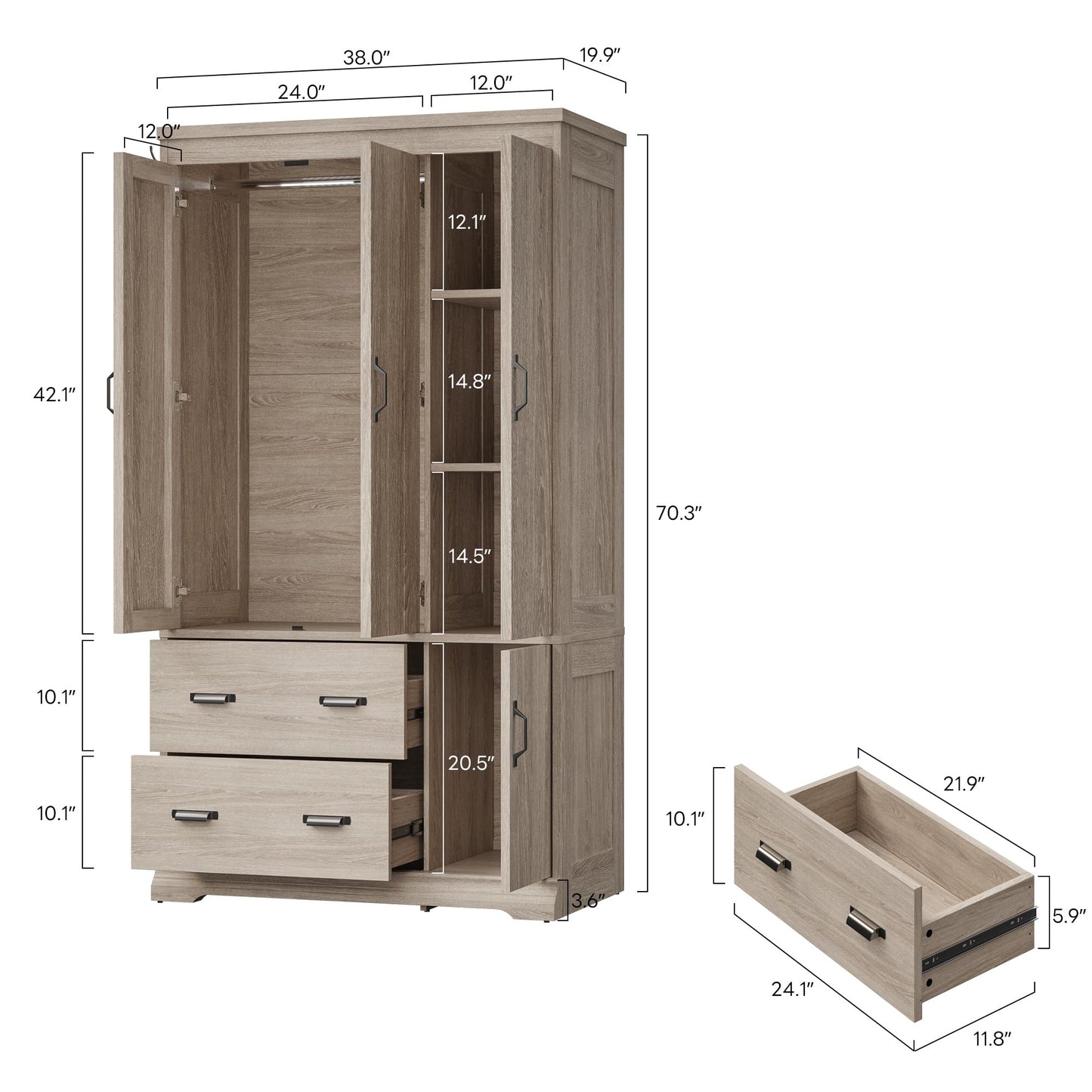 LIKIMIO Wardrobe Closet, 70" Tall 4 Doors Large Wooden Closet with 2 Drawers, 3 Shelves Bedroom Armoire with Hanging Rod, Freestanding Storage Cabinet for Hanging Clothes, Light Oak