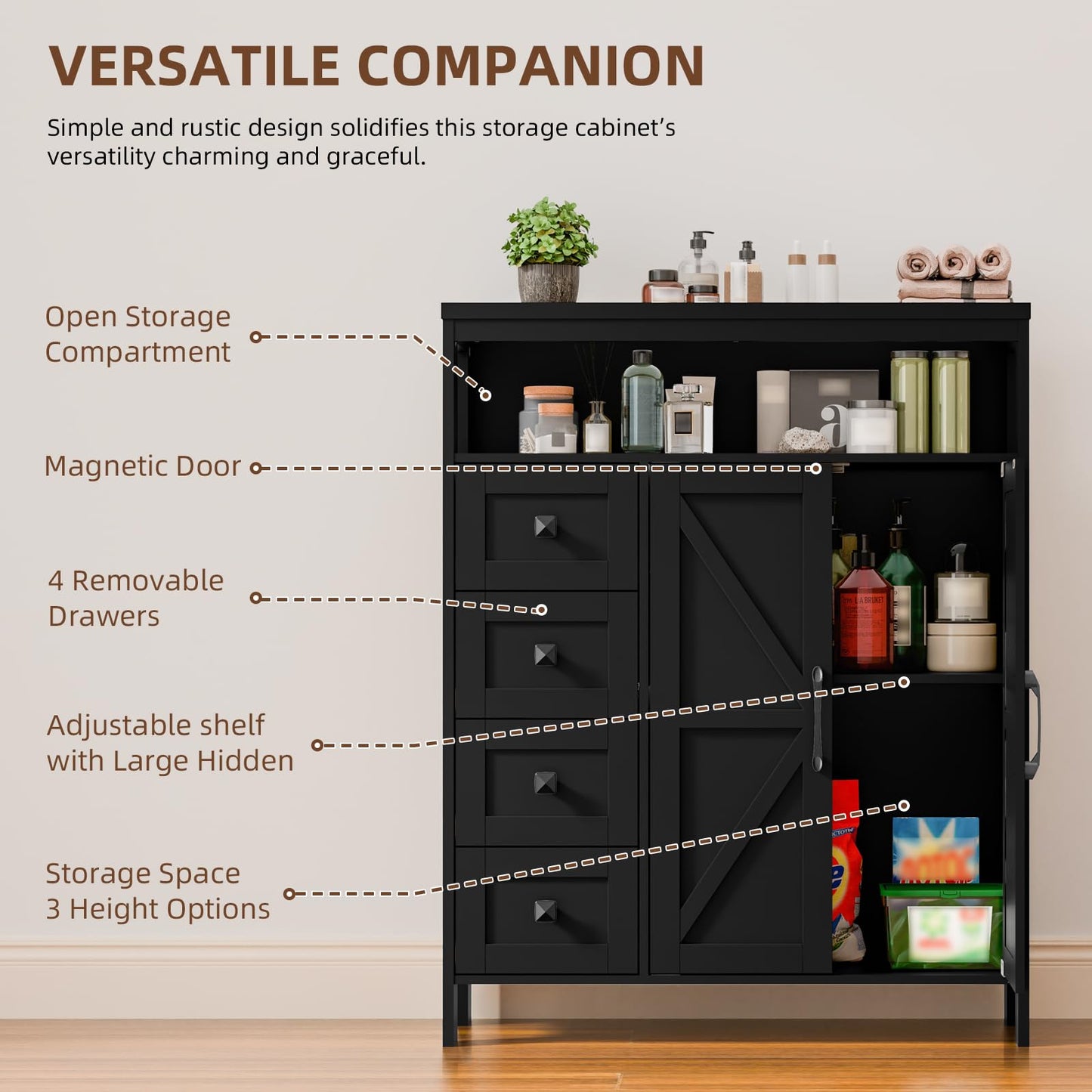 Befrases Farmhouse Storage Cabinet with 2 Doors and 4 Drawers, Freestanding Bathroom Cabinet Kitchen Pantry, Floor Storage Cabinets Hutch Cupboard for Kitchen/Living Room/Bathroom,Pure Black