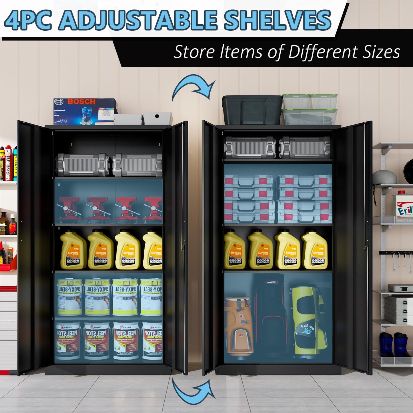 CBCNWR Metal Storage Cabinets with Lock, 71” Metal Garage Storage Cabinet, Black Garage Storage Cabinets with Doors and Shelves, Locking Cabinet for Office, Home, Warehouse, Tool