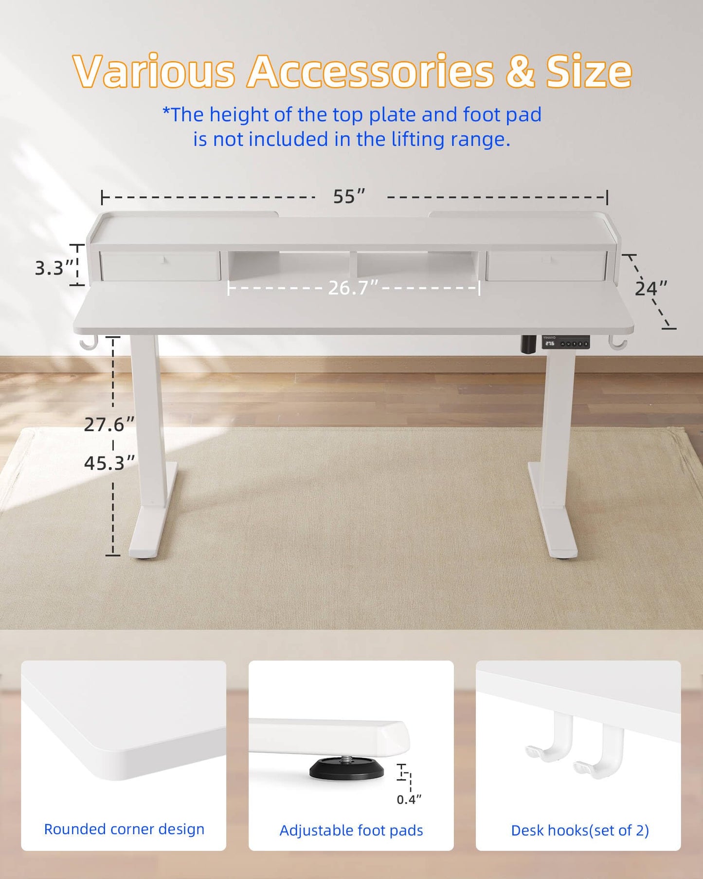 YIHAYO Electric Standing Desk with Drawers, 55 x 24 Inches Adjustable Desk with Storage Shelf, Stand Up Desk with Splice Board, Computer Table for Home Office,White Frame/White Top