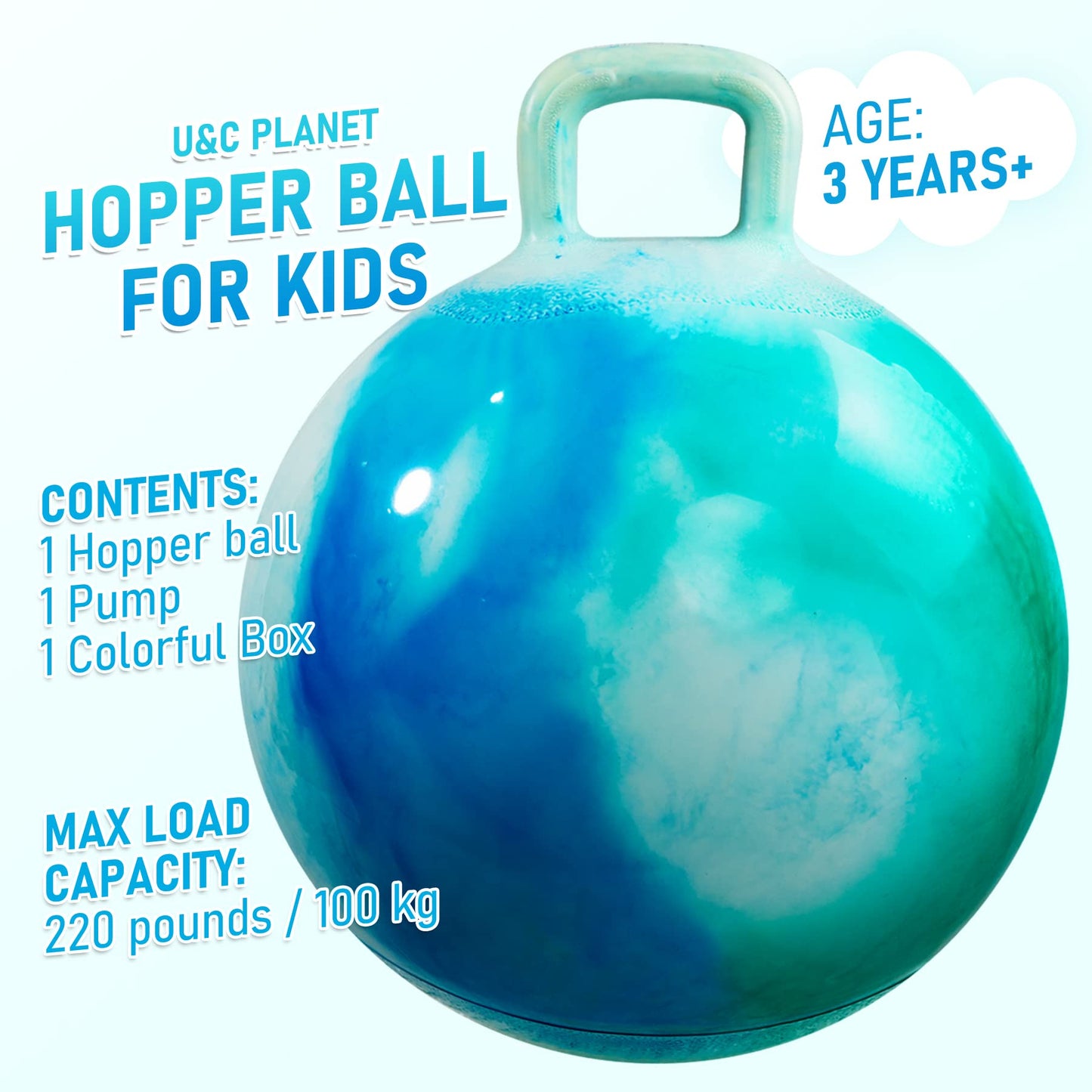 U&C Planet Hopper Ball, 18 inches Bouncy Ball with Handle for Kids Age 3-6, Hoppity Hop Sit and Bounce Jumping Hopping with Pump & Gift Box, Great Gift for Birthday Christmas, Green Clouds