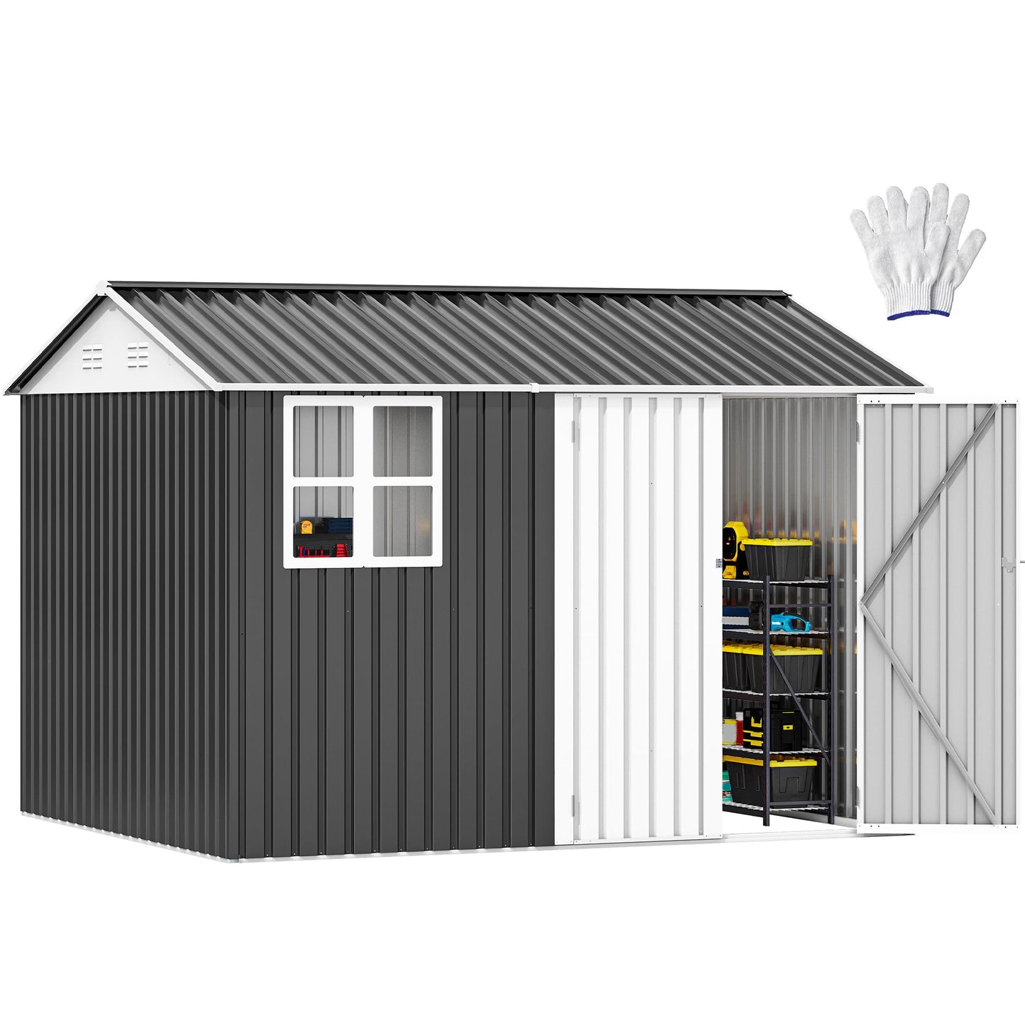 DWVO 10x8ft Large Tool Storage Shed with Window, Lockable Doors, and Sloped Roof, Oversized Steel Outdoor Storage Shed for Garden, Patio, Garage, Backyard, Lawn - Gray & White