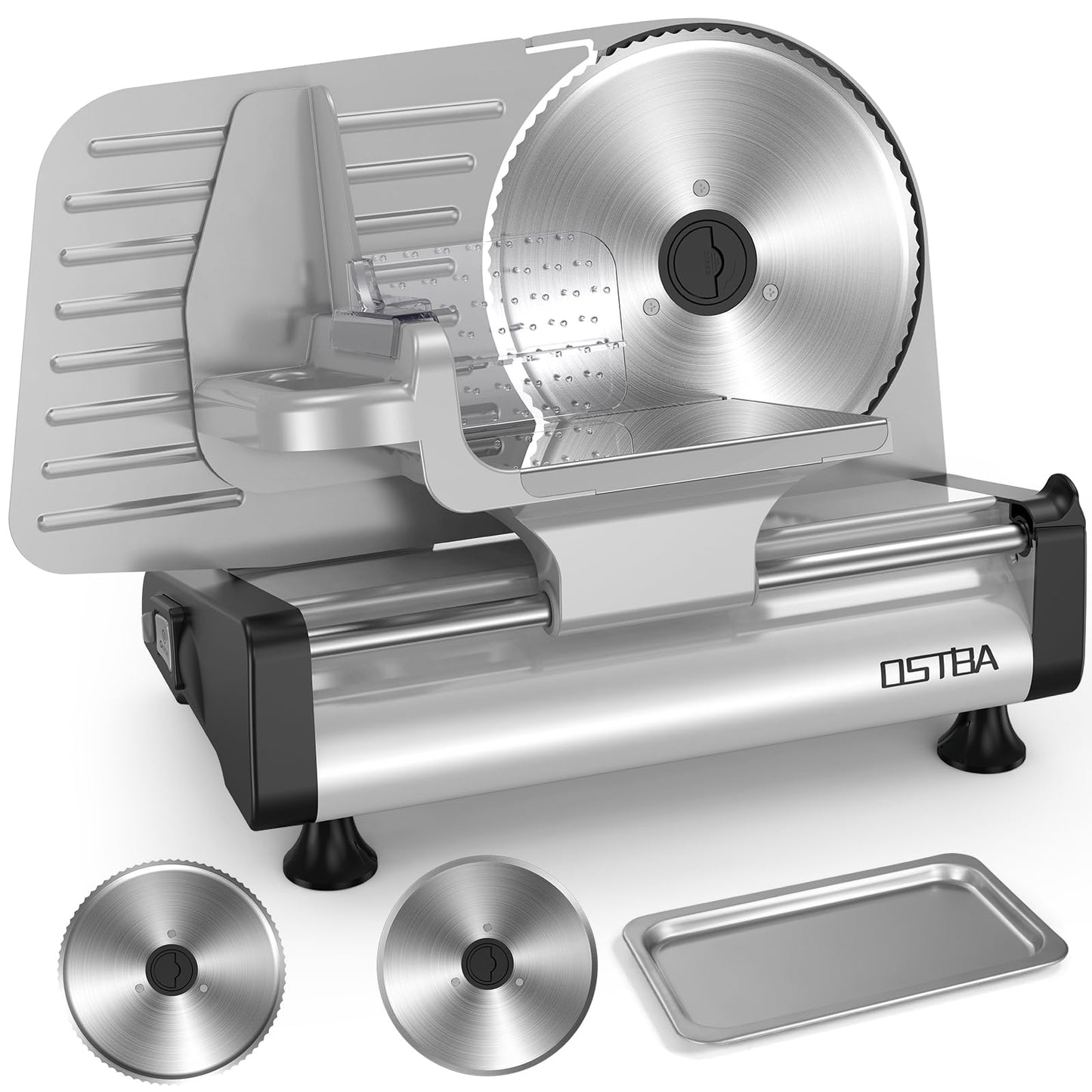 OSTBA Electric Meat Slicer with 200W DC Motor, 2 Removable 8.7” Stainless Steel Blades, Adjustable Thickness 0–15mm, Food Tray & Hand Grip, Deli Food Slicer for Meat, Cheese, Bread, Vegetables