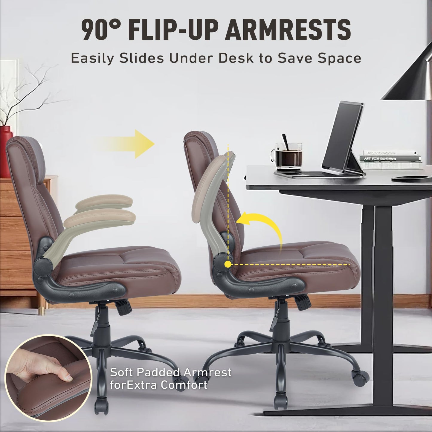 EGSEAT Home Office Chair with Lumbar Support, 5" Thickened Seat, Small PU Leather Rocking Desk Chair, Comfy Computer Chairs with Rolling Wheels & Adjustable Armrests for Adults, Brown