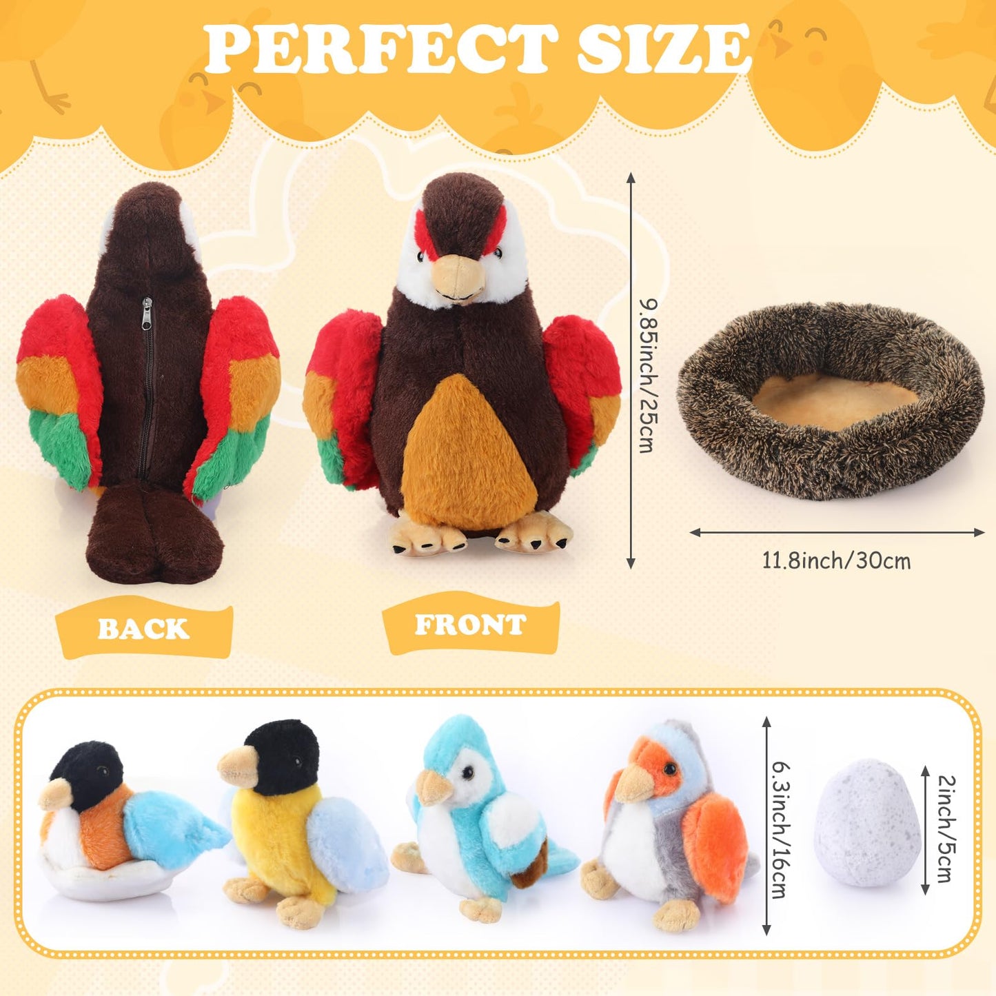 RoundFunny 7 Pcs Birds Stuffed Animals with Babies Egg and Nest 9.8 Inch Mommy Bird Forest Plush Toys Set Gifts for Kids Girls Boys Woodland Baby Shower Party Favors Birthday Classroom Prizes