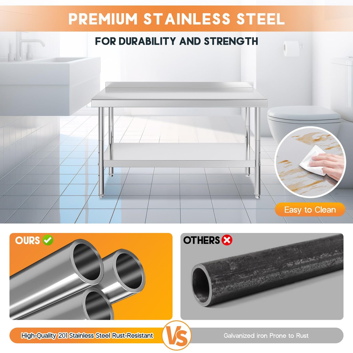 Jocisland 24" x 60" Stainless Steel Table for Prep & Work, NSF Certified with Backsplash, Adjustable Under Shelf & Safe Design for Restaurant, Home and Outdoor
