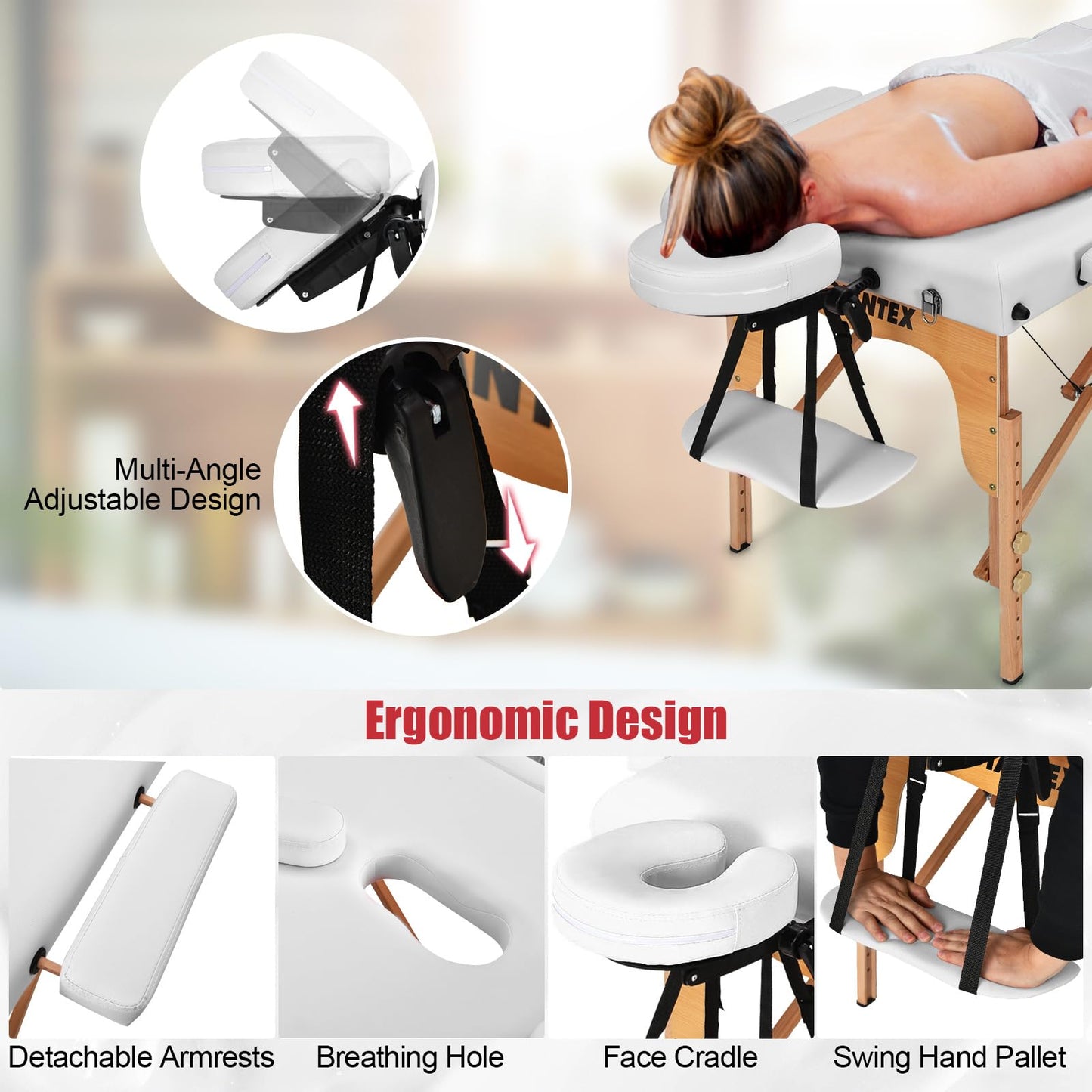 Giantex 84inch Folding Massage Table Lash Bed, Portable 3 Sections Spa Salon Tattoo Bed with Face Cradle Armrests Wooden Legs, Professional Massage Bed Height Adjustable with Carry Case (White)