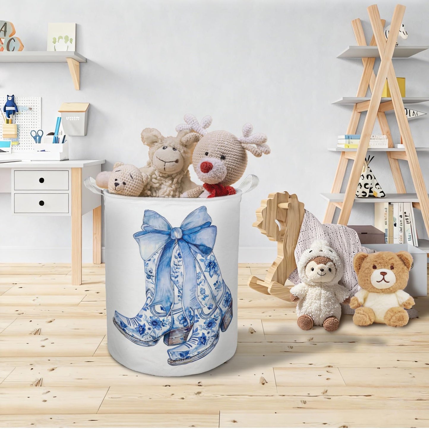 TAZSWDMM Chinoiserie Bow Western Cowgirl Boots Laundry Basket Hamper, Blue and White Cowgirl Foldable Clothes Toys Books Storage Box Bins Baskets Organizer for Girls Room Bathroom Home