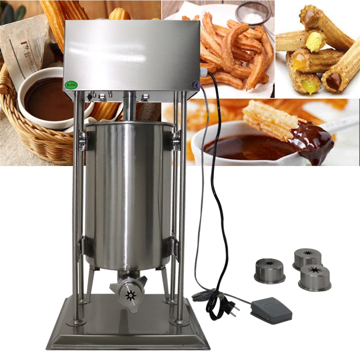 Commercial Electric Churro Machine, 15L Vertical Stainless Steel Spanish Donut Churrera Churros Machine, Electric Vertical Latin Fruit Machines with 4 Moulds for Restaurants Bakeries Cafeterias