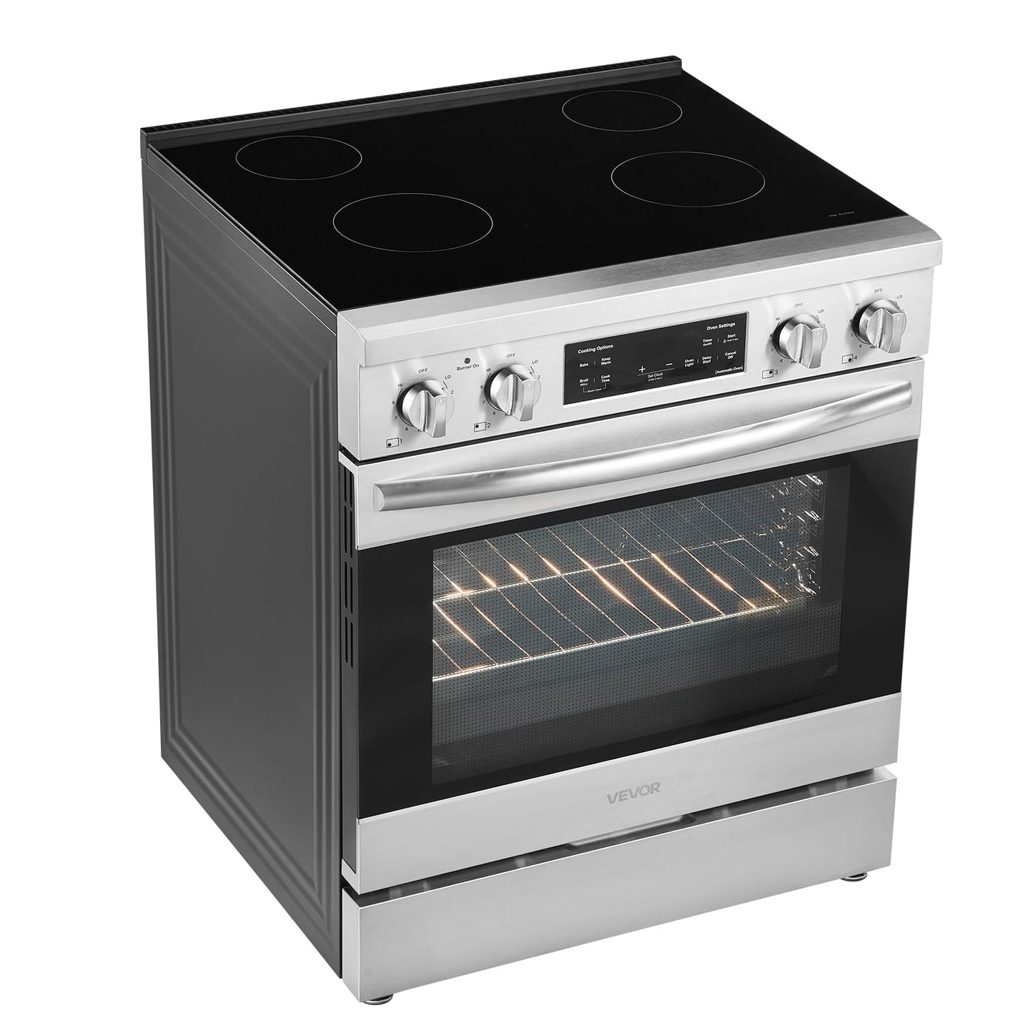 VEVOR 30in Electric Range Oven, 4.8Cu. Ft. Capacity Compact Freestanding Oven, Stainless Steel Kitchen Stove, with 4 Cooktop Burners, Easy Reach Racks, Storage Drawer, Indicator Light(No Power Cord)