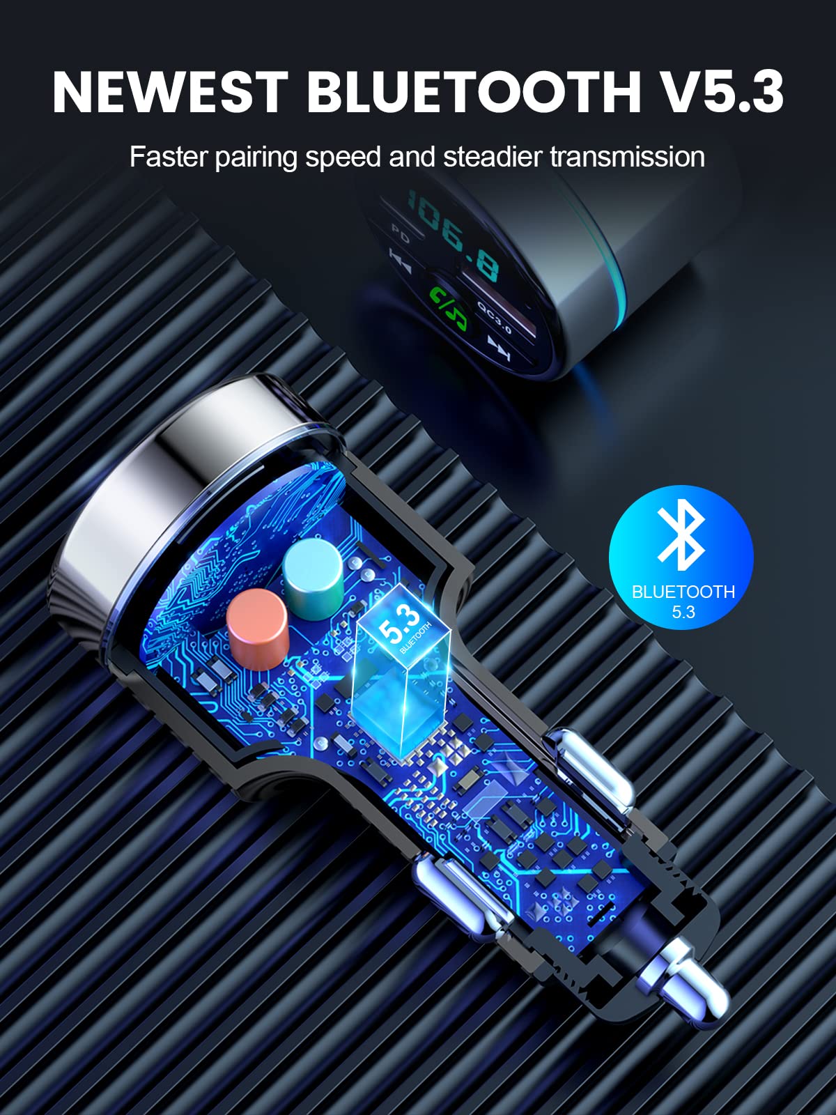 FOCBYE FM Transmitter for Car Bluetooth 5.3, All-Metal PD 20W & QC3.0 18W Fast Charger, Wireless FM Radio Car Kit Bluetooth Adapter, Noise Cancelling Hands-Free Call, Hi-Fi Music, Ring Light