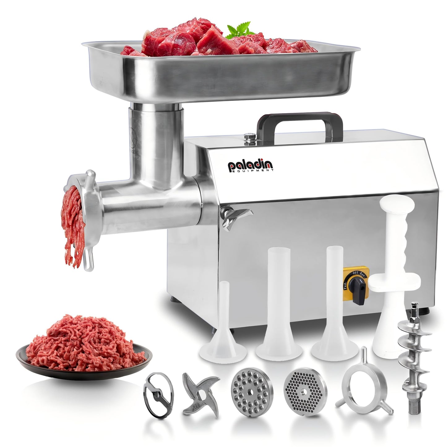 Paladin Equipment #12 Electric Commercial Meat Grinder Machine, 14 lbs Per Minute, 1 HP Heavy Duty Stainless Steel Meat Grinder with sausage stuffer, Ideal for deer processing, Pet Food,Heavy Use