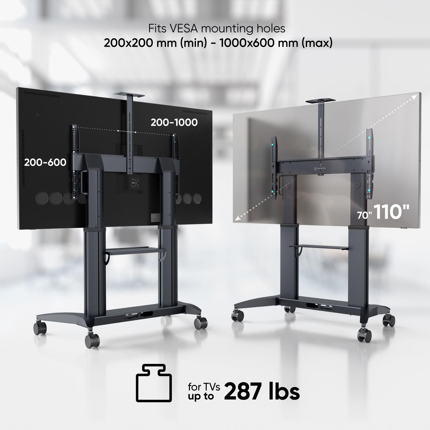 ONKRON Mobile TV Stand on Wheels for 70-110 Inch Screen, max Load 320 lbs, Heavy Duty, Height Adjustable TV Portable Stand, max VESA 1000x600, Aluminum TV Cart Rolling TV Stand with Shelf Black
